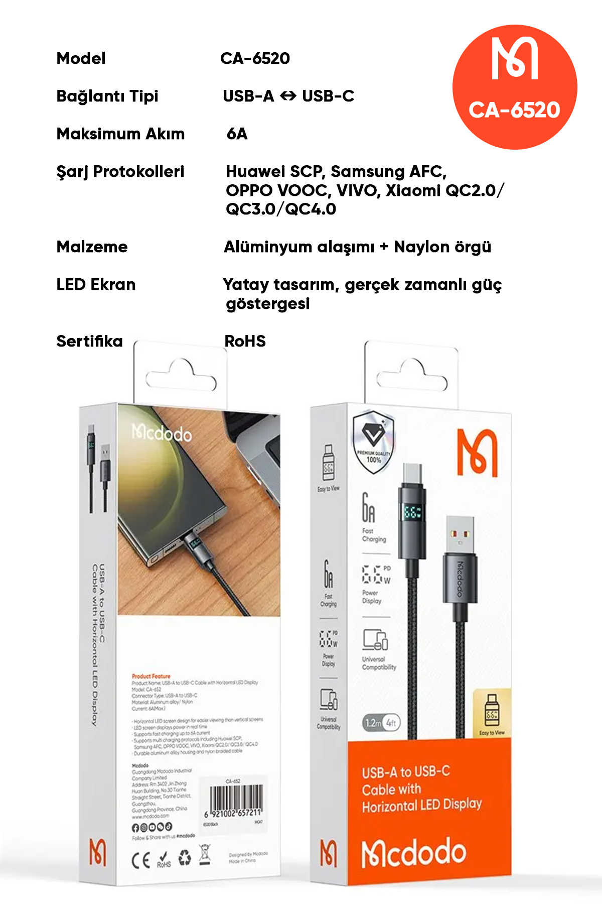 CA-6520 USB-A TO USB-C KABLOSU YATAY LED EKRANLI SİYAH Afişi