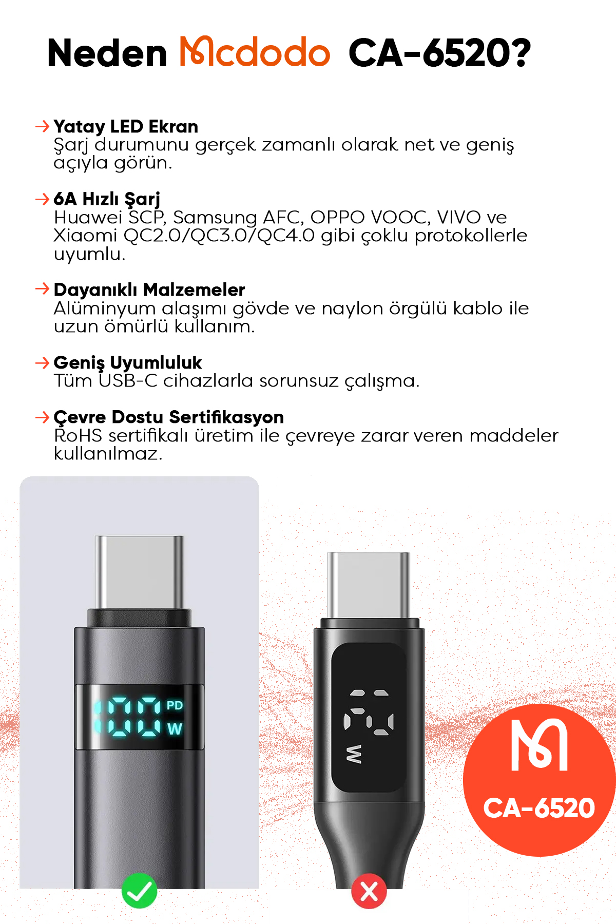 CA-6520 USB-A TO USB-C KABLOSU YATAY LED EKRANLI SİYAH Afişi
