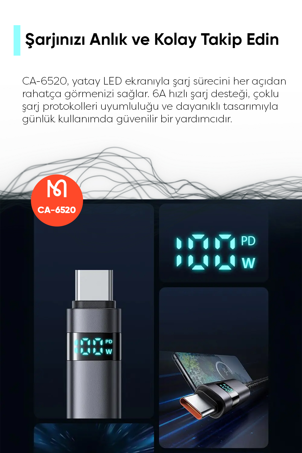 CA-6520 USB-A TO USB-C KABLOSU YATAY LED EKRANLI SİYAH Afişi