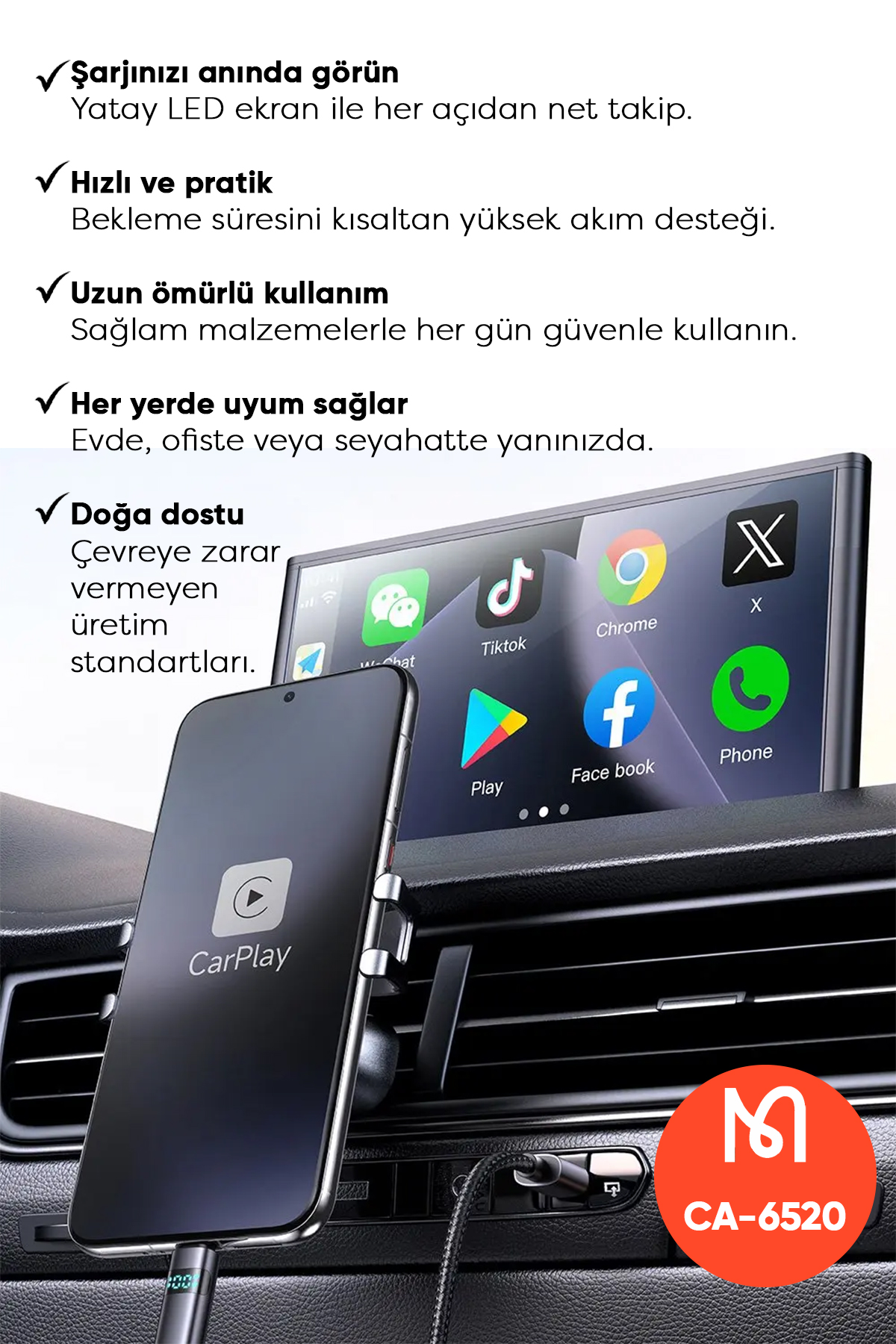 CA-6520 USB-A TO USB-C KABLOSU YATAY LED EKRANLI SİYAH Afişi