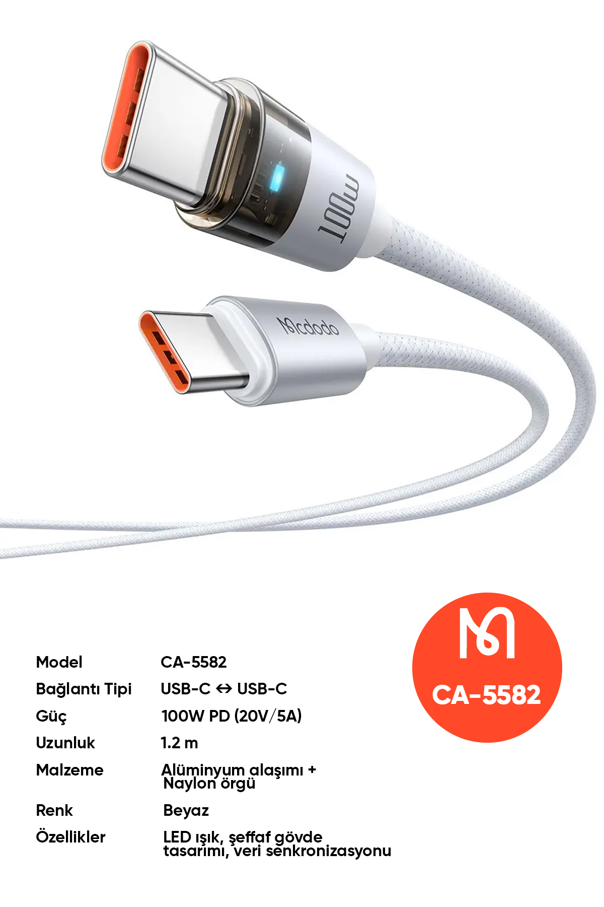 CA-5582 TYPE-C TO TYPE-C 100W ŞEFFAF KABLO ŞARJ IŞIĞI İLE BEYAZ 1.2M Afişi