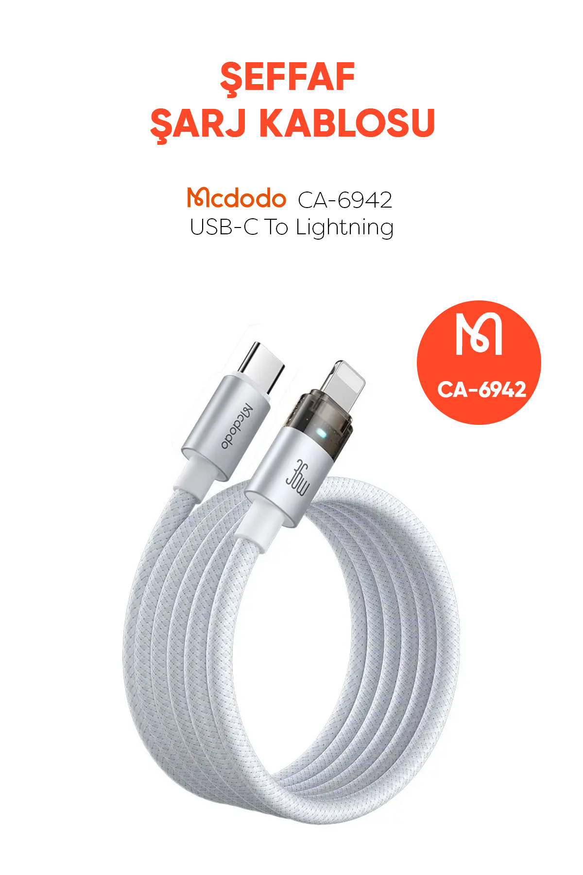 CA-6942 1.2M  TYPE-C LIGHTNİNG 36W ŞEFFAF KABLO ŞARJ IŞIĞI İLE BEYAZ Afişi