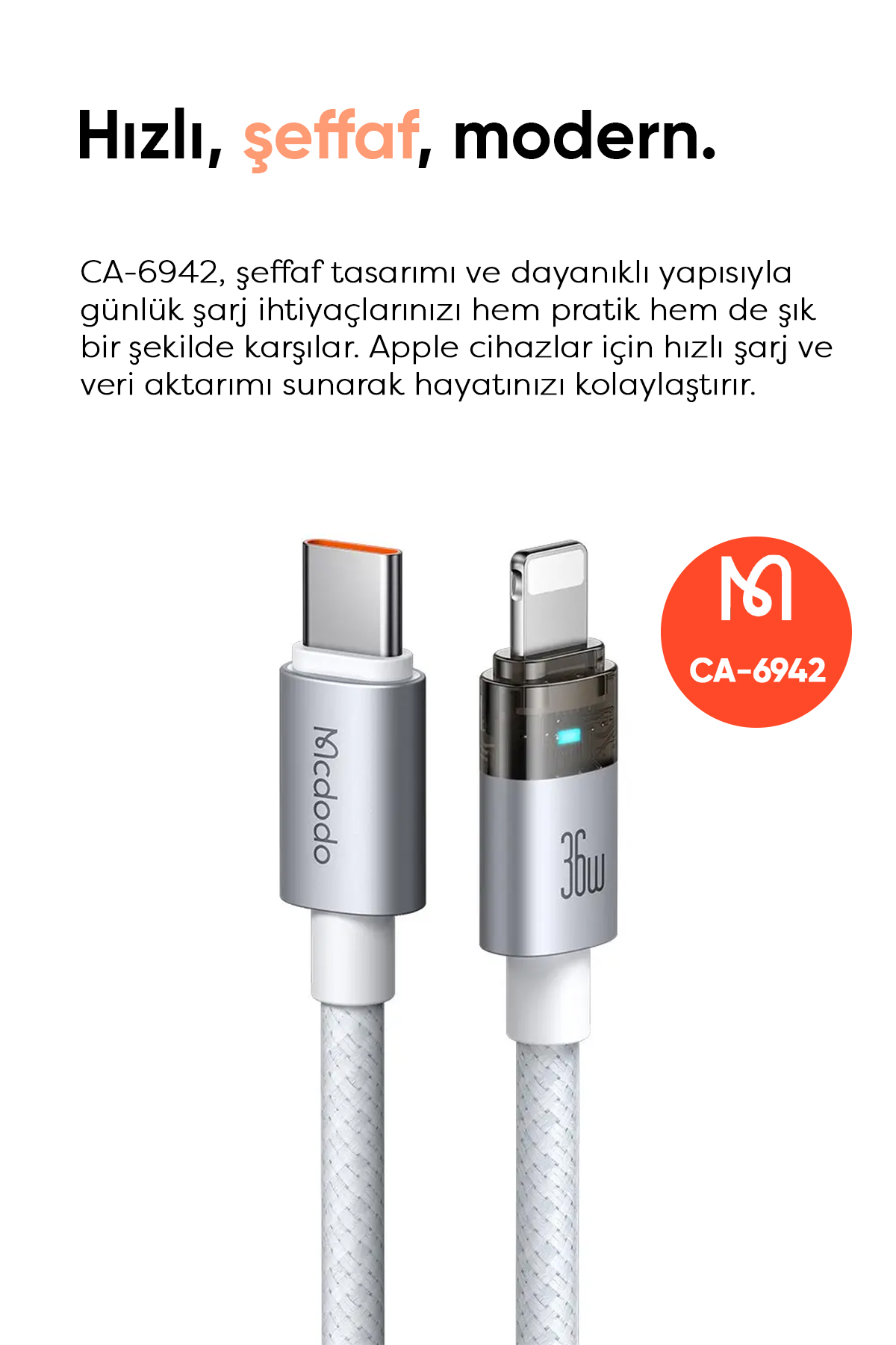 CA-6942 1.2M  TYPE-C LIGHTNİNG 36W ŞEFFAF KABLO ŞARJ IŞIĞI İLE BEYAZ Afişi