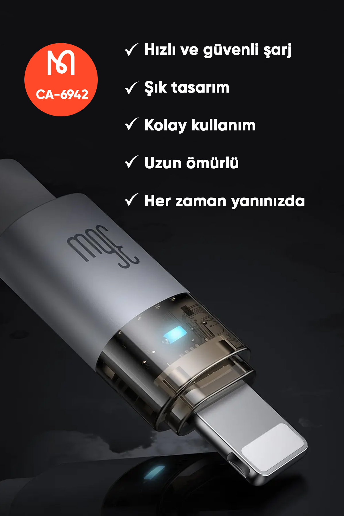CA-6942 1.2M  TYPE-C LIGHTNİNG 36W ŞEFFAF KABLO ŞARJ IŞIĞI İLE BEYAZ Afişi