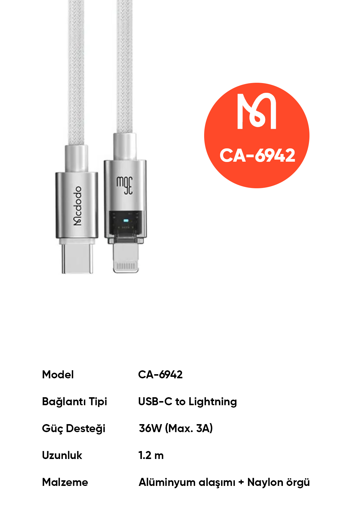 CA-6942 1.2M  TYPE-C LIGHTNİNG 36W ŞEFFAF KABLO ŞARJ IŞIĞI İLE BEYAZ Afişi