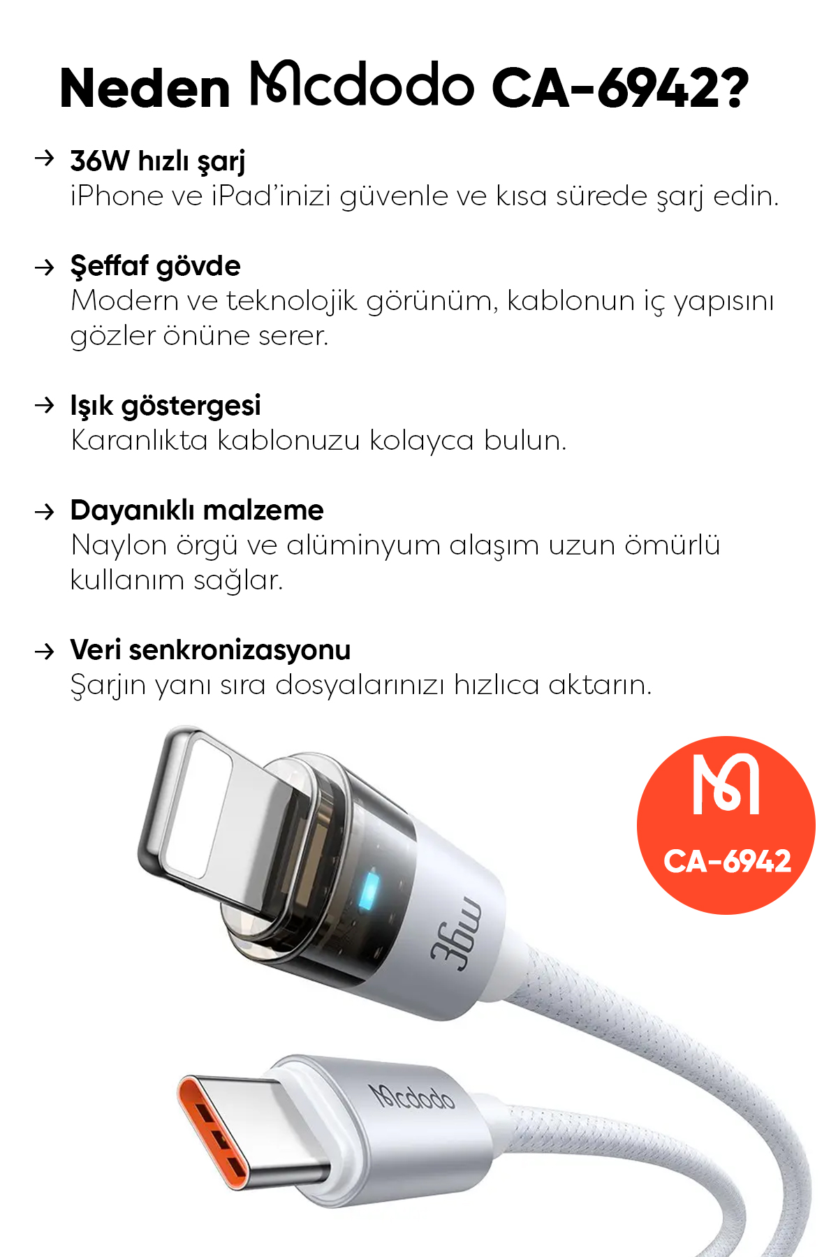 CA-6942 1.2M  TYPE-C LIGHTNİNG 36W ŞEFFAF KABLO ŞARJ IŞIĞI İLE BEYAZ Afişi