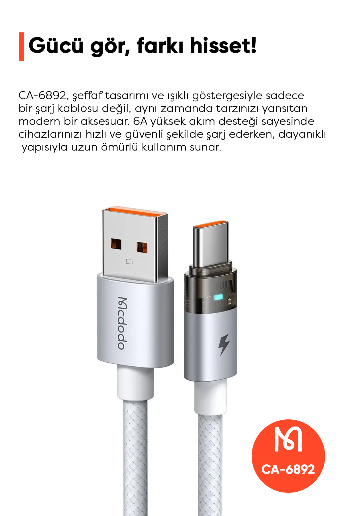 CA-6892 USB-A - TYPE-C ŞEFFAF KABLO ŞARJ IŞIĞI İLE BEYAZ 1.2M Afişi