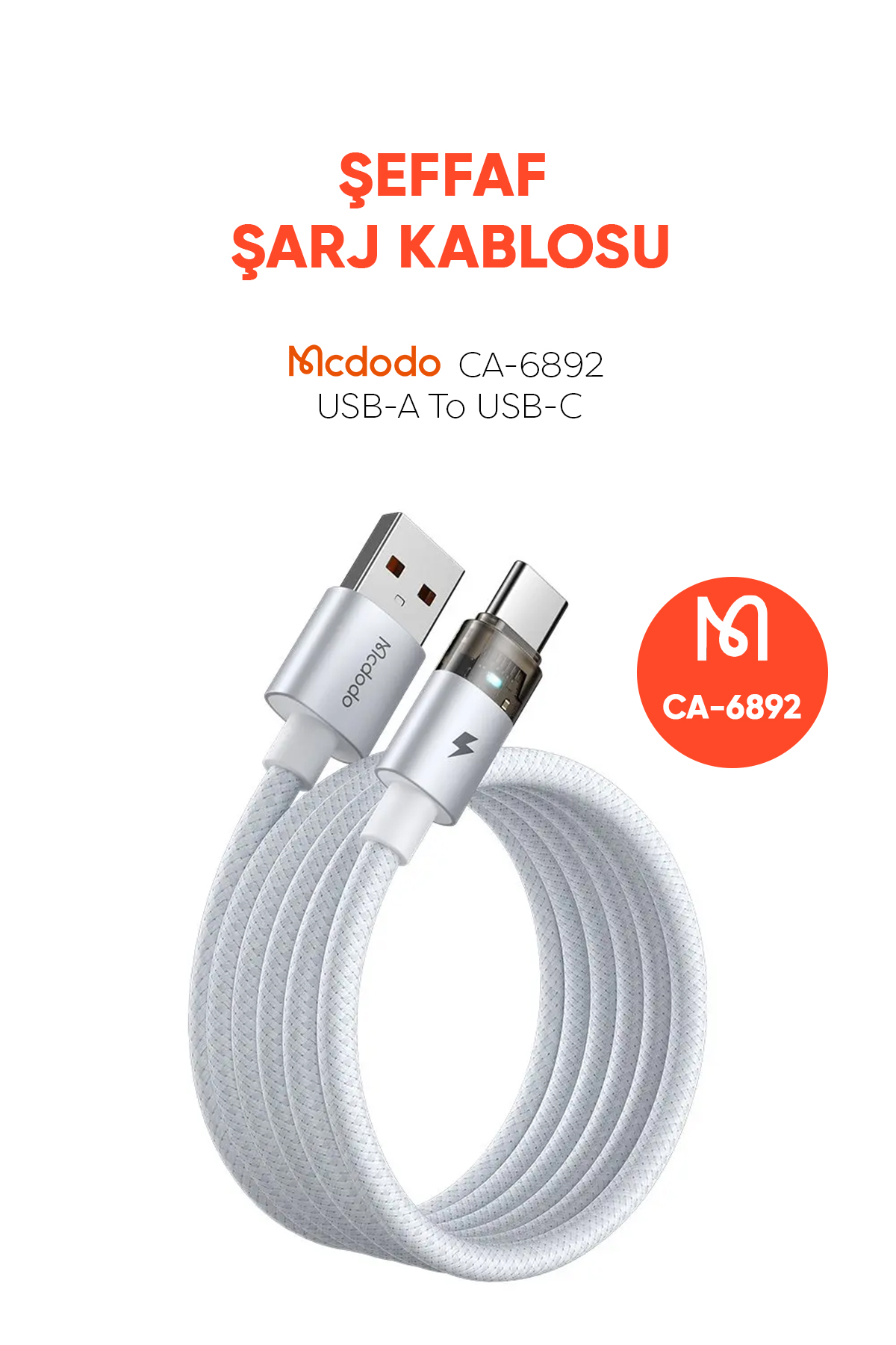 CA-6892 USB-A - TYPE-C ŞEFFAF KABLO ŞARJ IŞIĞI İLE BEYAZ 1.2M Afişi