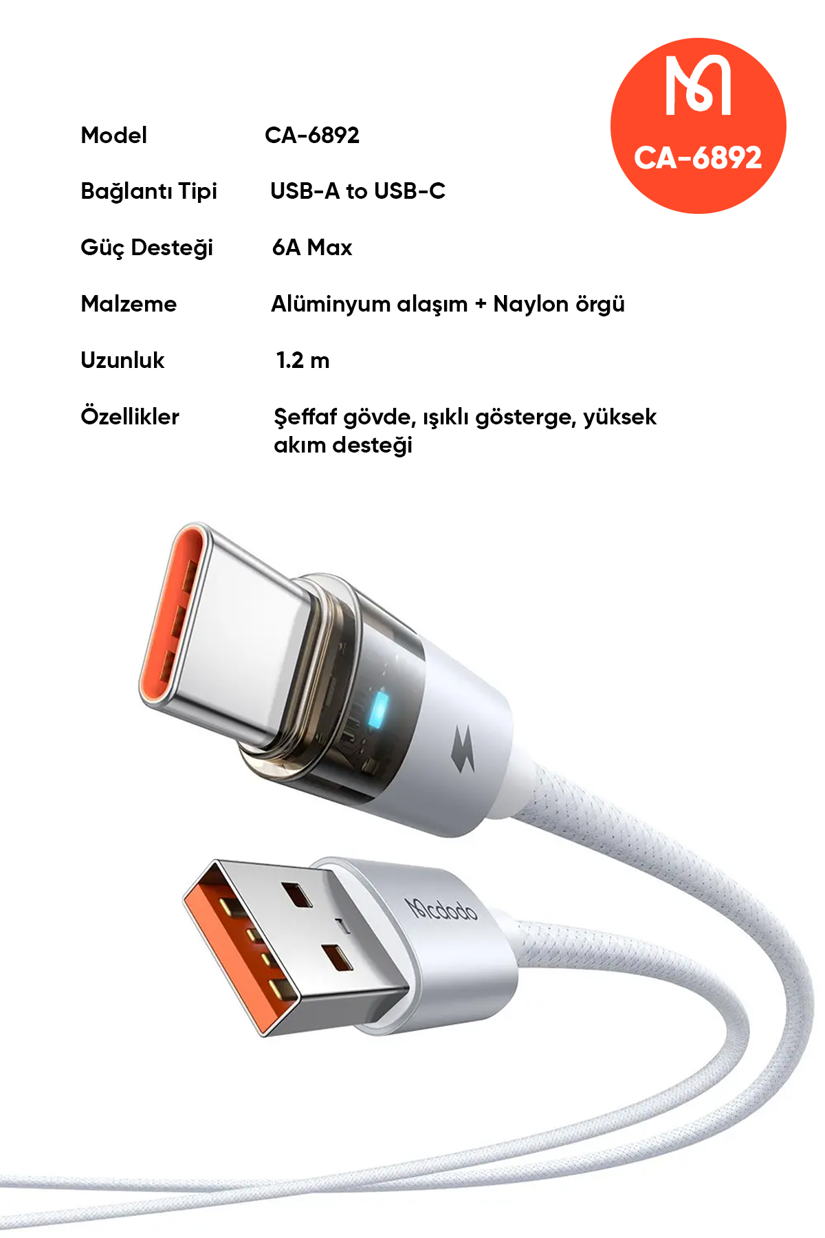 CA-6892 USB-A - TYPE-C ŞEFFAF KABLO ŞARJ IŞIĞI İLE BEYAZ 1.2M Afişi