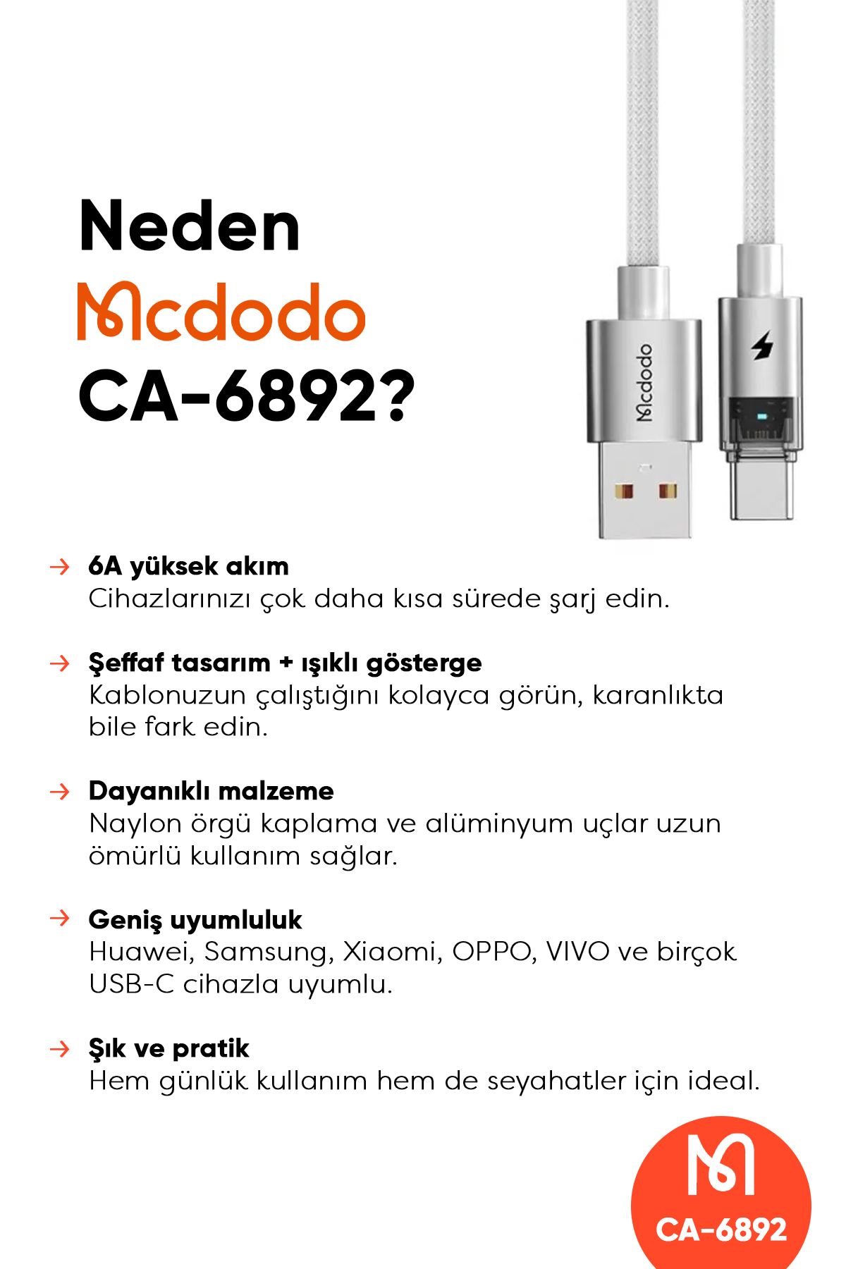 CA-6892 USB-A - TYPE-C ŞEFFAF KABLO ŞARJ IŞIĞI İLE BEYAZ 1.2M Afişi