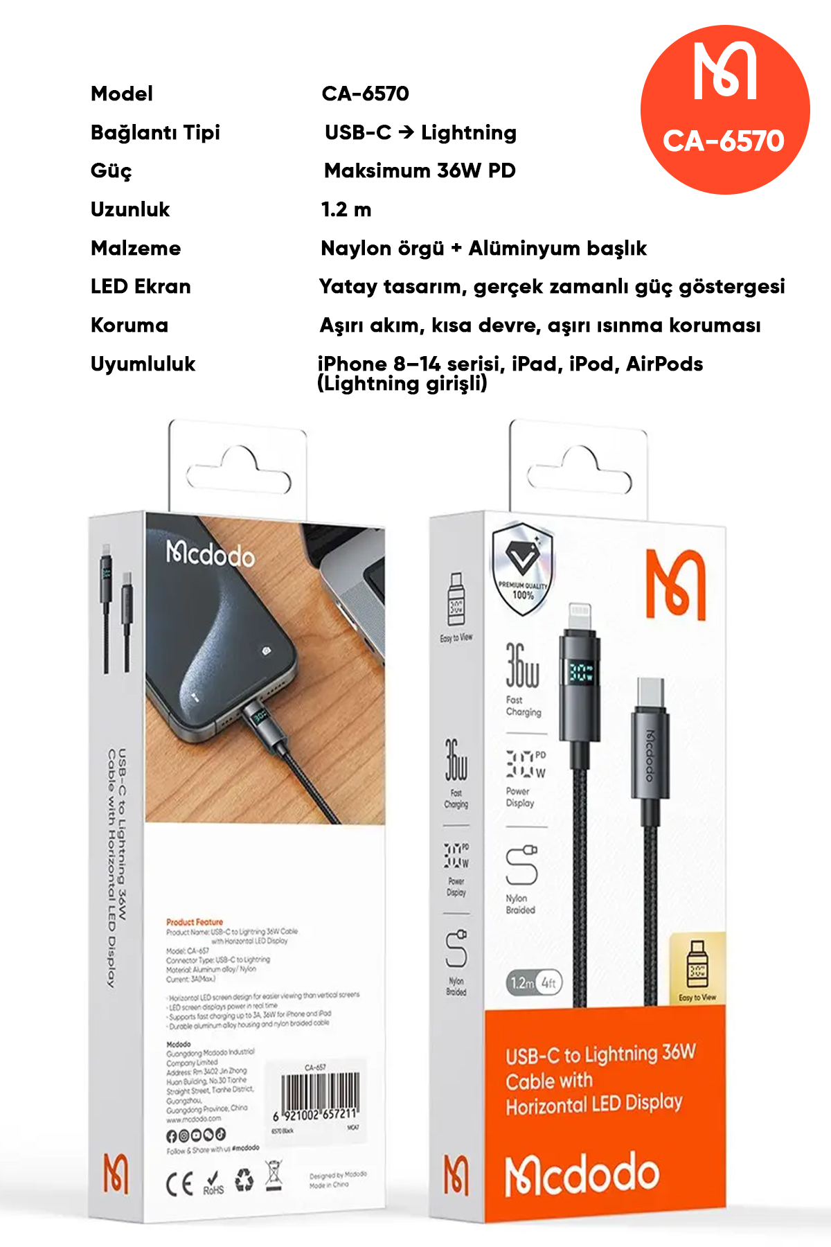 CA-6570 36W TYPE-C TO LİGHTNİNG SİYAH KABLO 1.2M Afişi