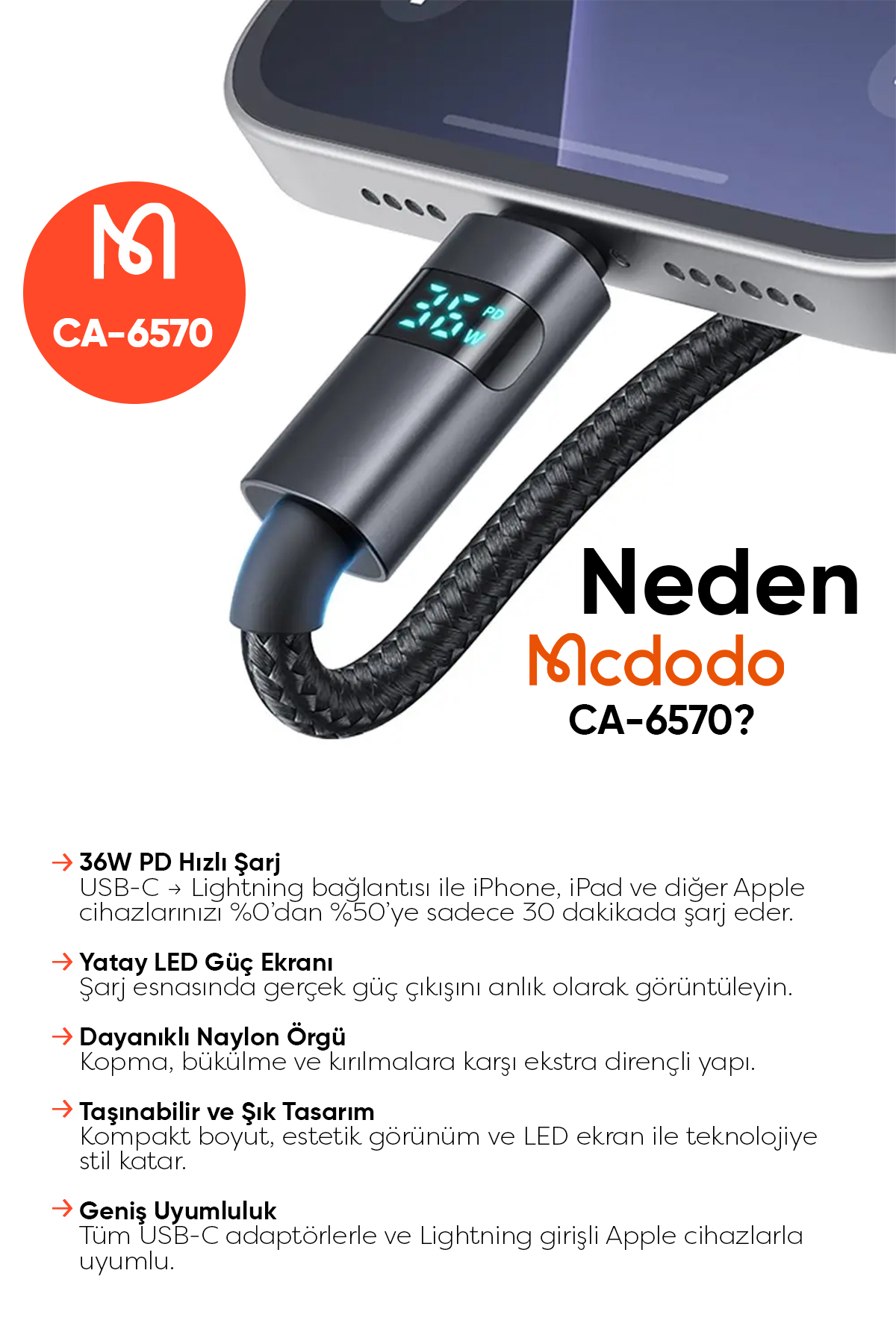 CA-6570 36W TYPE-C TO LİGHTNİNG SİYAH KABLO 1.2M Afişi