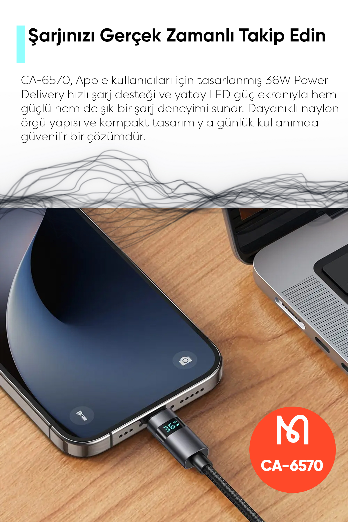 CA-6570 36W TYPE-C TO LİGHTNİNG SİYAH KABLO 1.2M Afişi