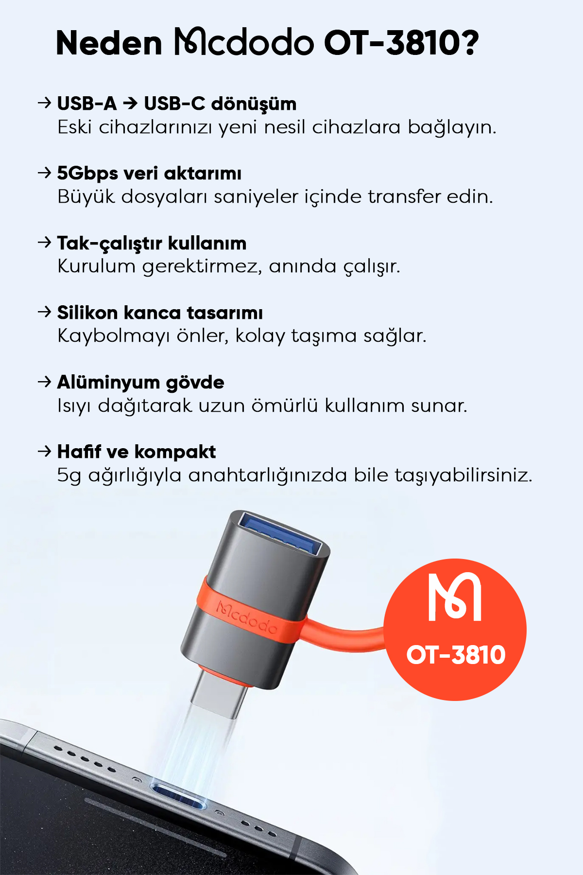 OT-3810 3.0 USB-A  USB-C ADAPTÖR SİYAH OTG -Gri Afişi