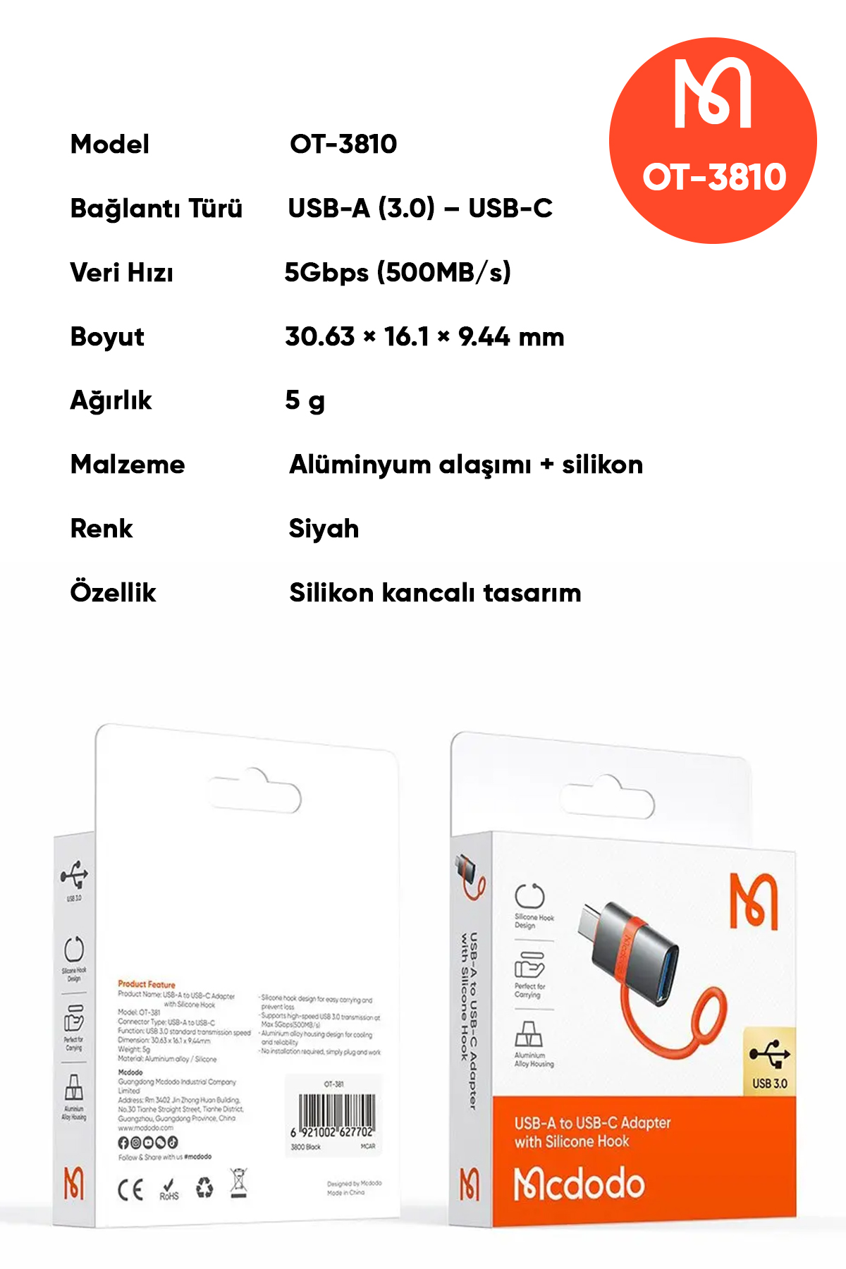 OT-3810 3.0 USB-A  USB-C ADAPTÖR SİYAH OTG -Gri Afişi