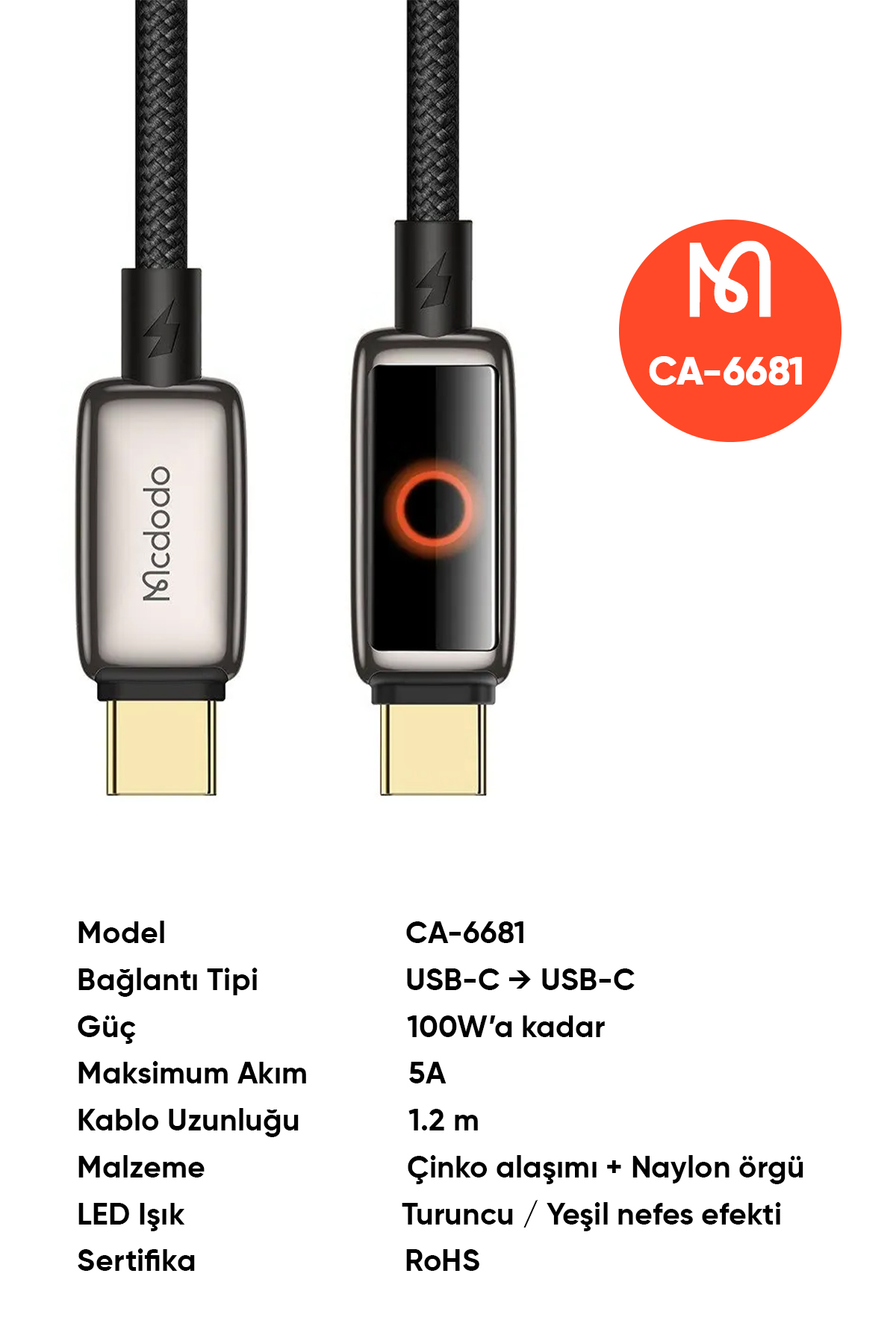 CA-6681 100 W TYPE-C TO TYPE-C NEFES ALAN IŞIK GÖSTERGELİ  PREMİUM KABLO 1.2M Afişi