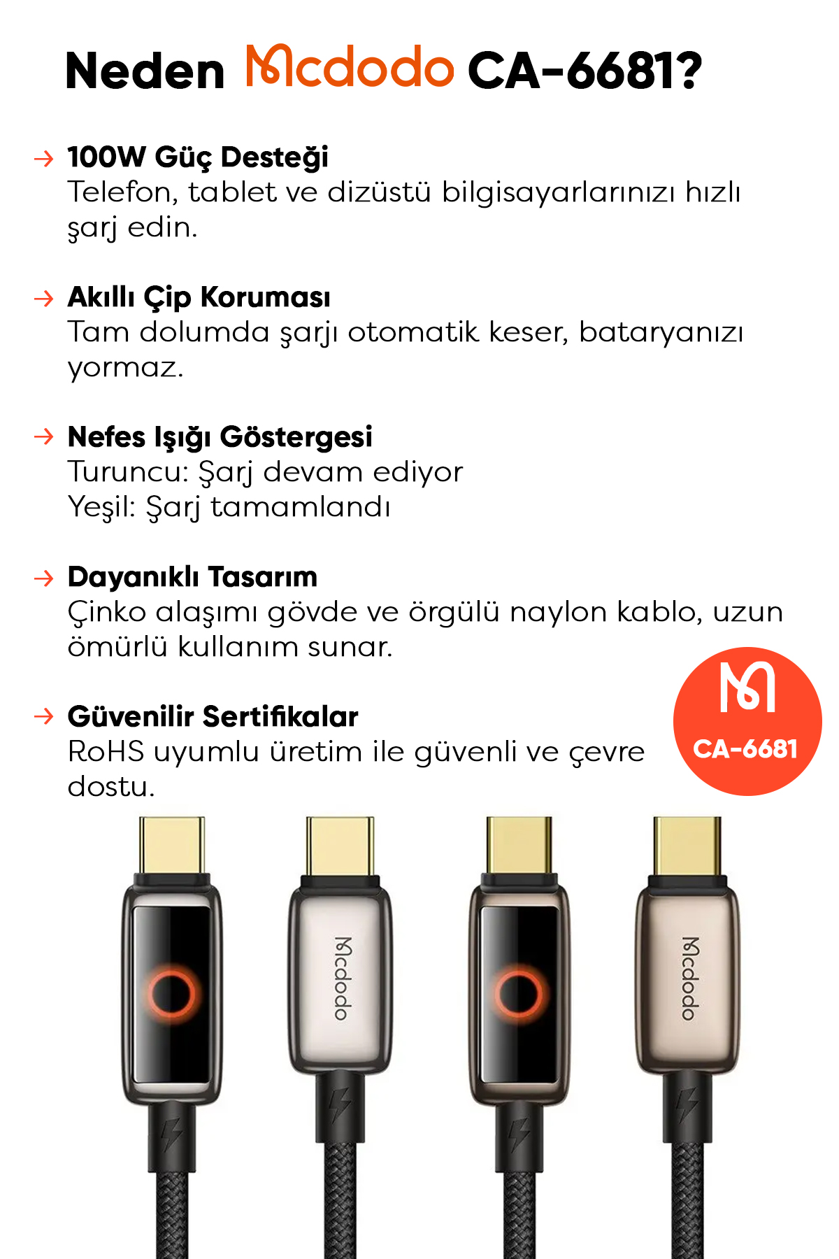 CA-6681 100 W TYPE-C TO TYPE-C NEFES ALAN IŞIK GÖSTERGELİ  PREMİUM KABLO 1.2M Afişi