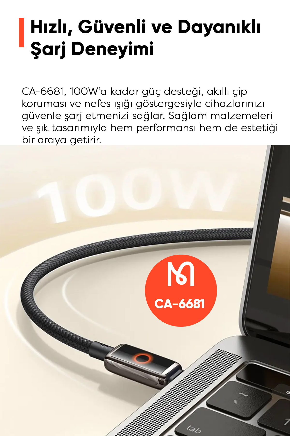CA-6681 100 W TYPE-C TO TYPE-C NEFES ALAN IŞIK GÖSTERGELİ  PREMİUM KABLO 1.2M Afişi