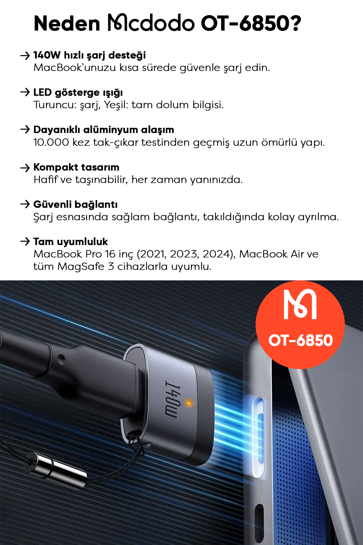 OT-6850 140 W USB-C TO MAGSAFE  DÖNÜŞTÜRÜCÜ- Siyah Afişi