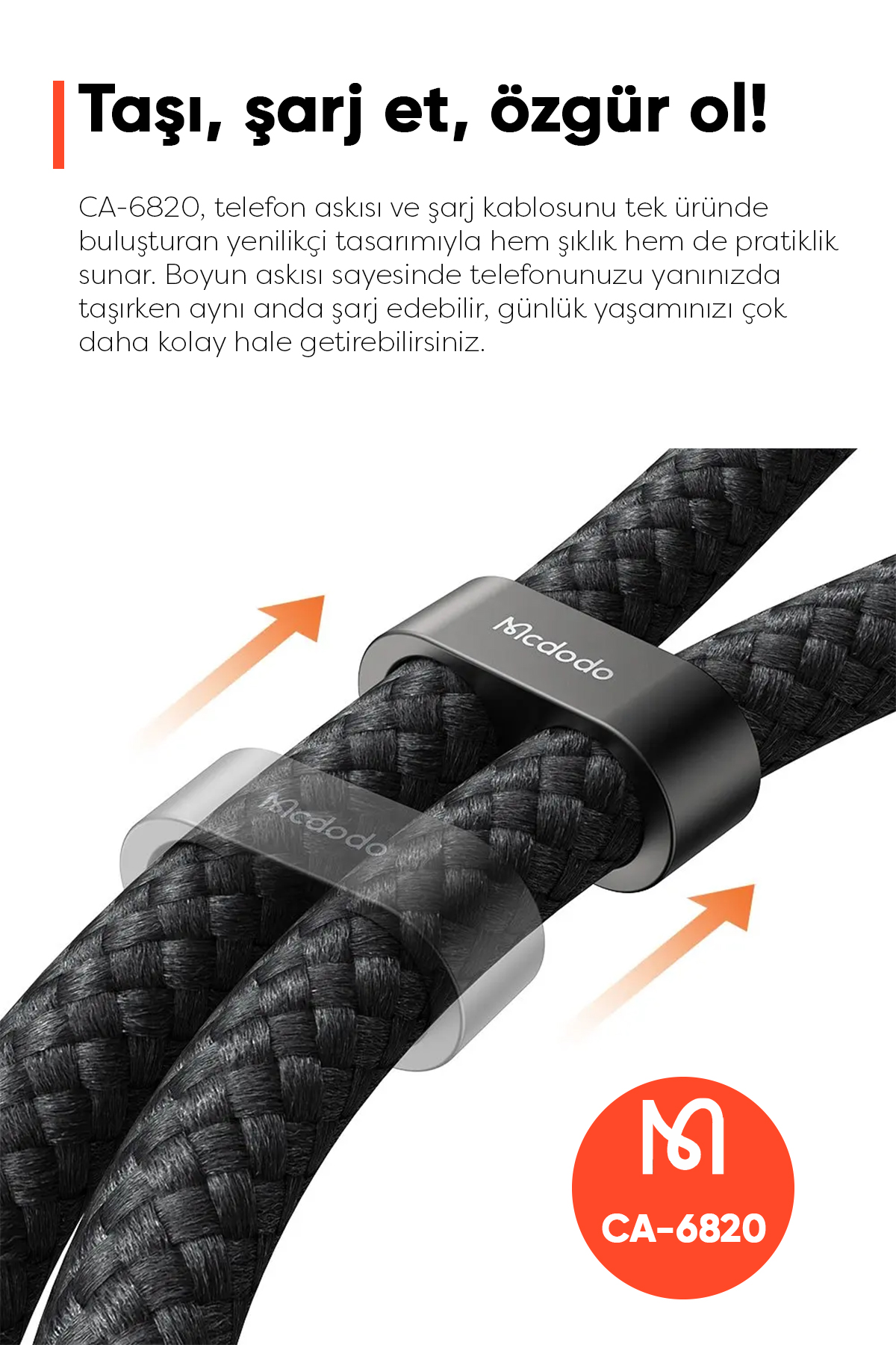 CA-6820 TYPE-C TO LİGHTNİNG 1.2 M 36W ÇOK İŞLEVLİ BOYUN ASKISI -Siyah Afişi