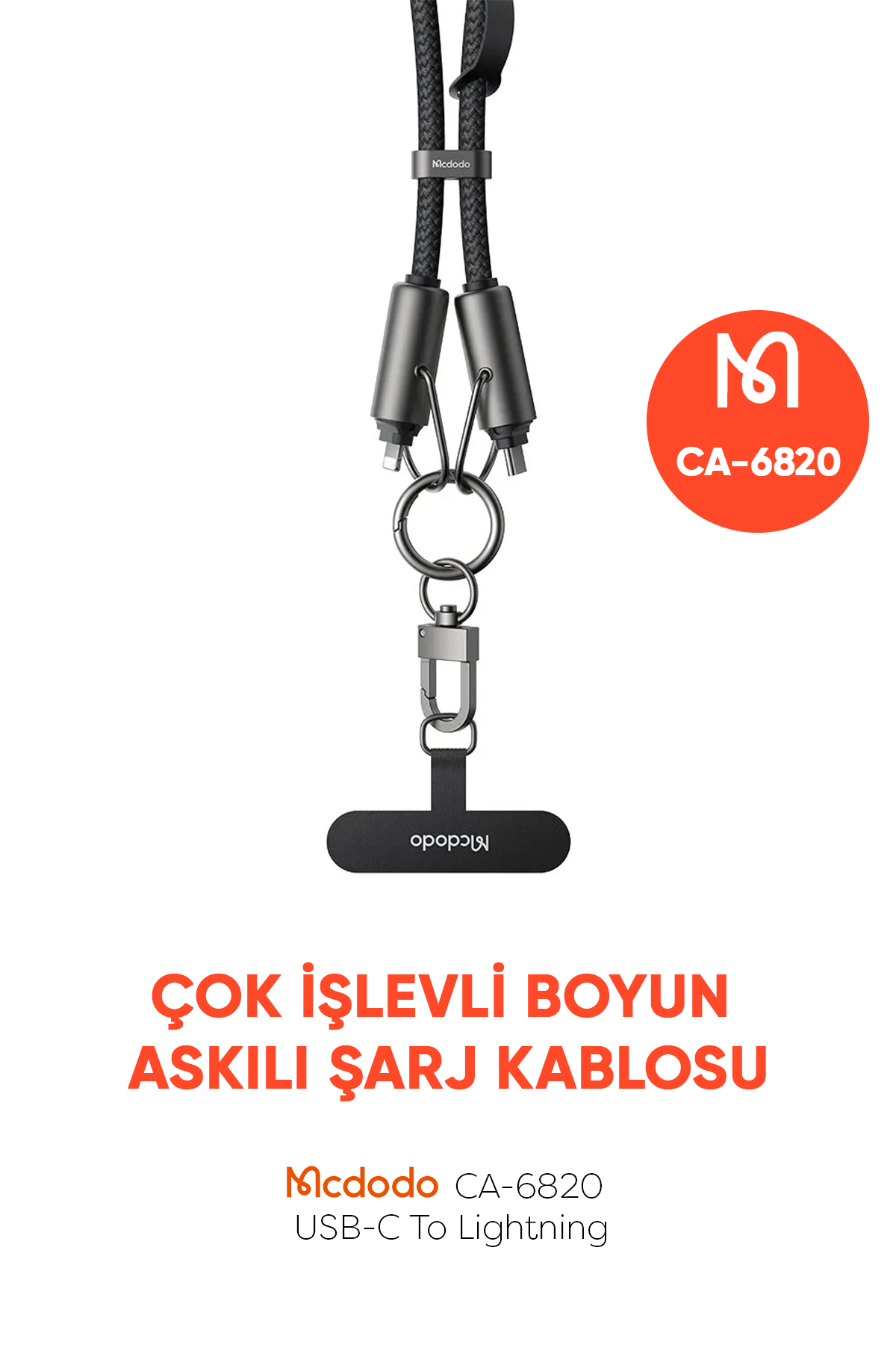 CA-6820 TYPE-C TO LİGHTNİNG 1.2 M 36W ÇOK İŞLEVLİ BOYUN ASKISI -Siyah Afişi