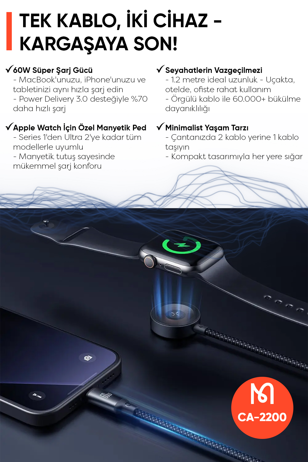 CA-2200 1.2 M 60W 2'Sİ 1 ARADA TYPE-C TO TYPE-C + APPLE WATCH KABLOSUZ ŞARJ CİHAZI Afişi