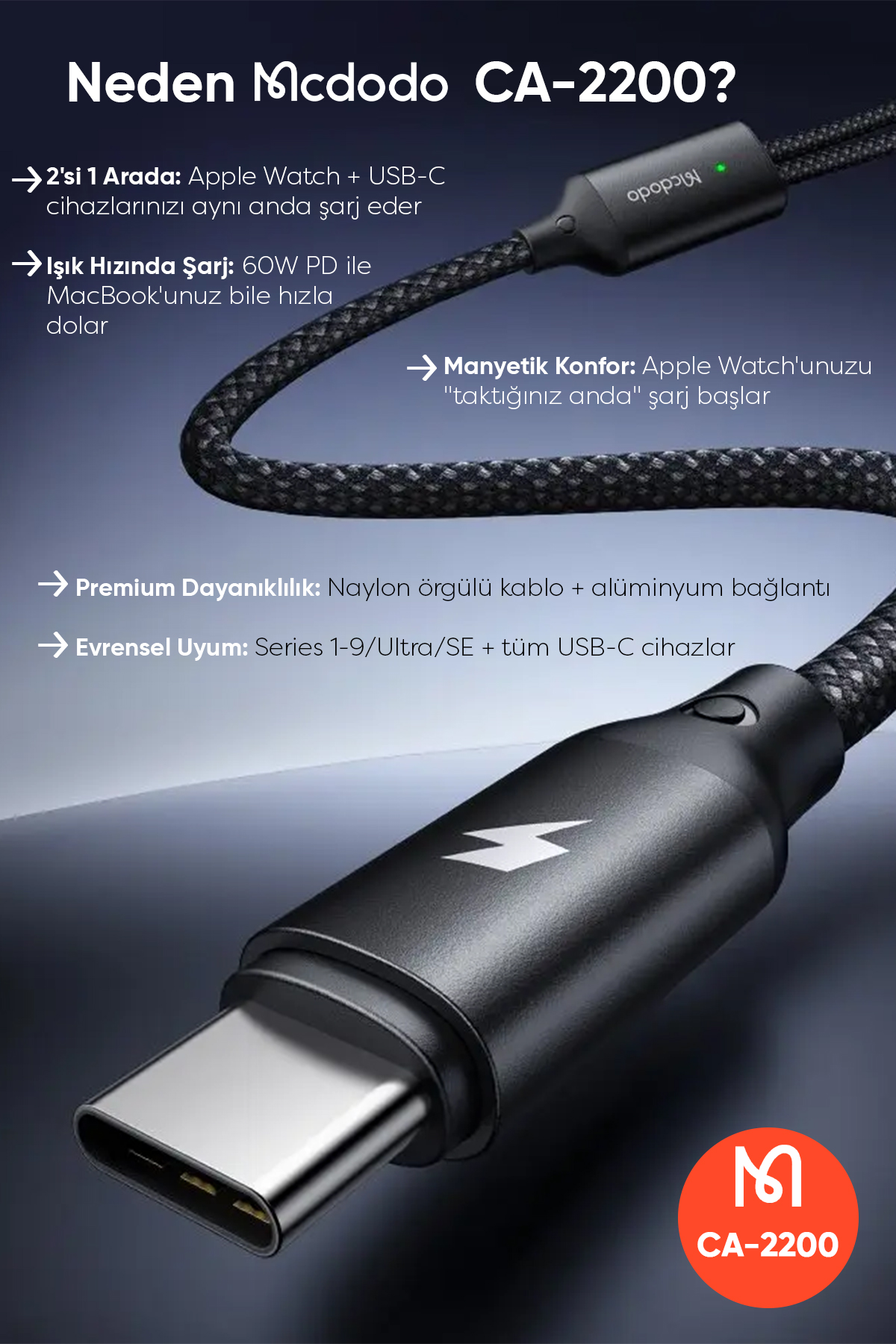 CA-2200 1.2 M 60W 2'Sİ 1 ARADA TYPE-C TO TYPE-C + APPLE WATCH KABLOSUZ ŞARJ CİHAZI Afişi