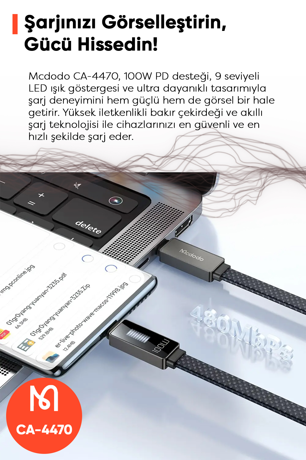 CA-4470 100W Type-C To Type-C Hızlı Şarj Ve Data Aktarım Kablosu 1.2m Afişi