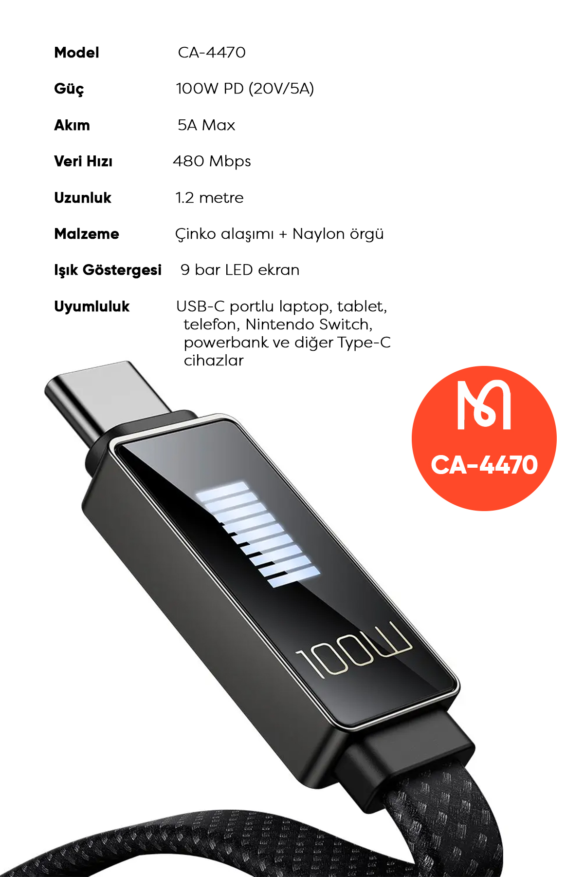 CA-4470 100W Type-C To Type-C Hızlı Şarj Ve Data Aktarım Kablosu 1.2m Afişi
