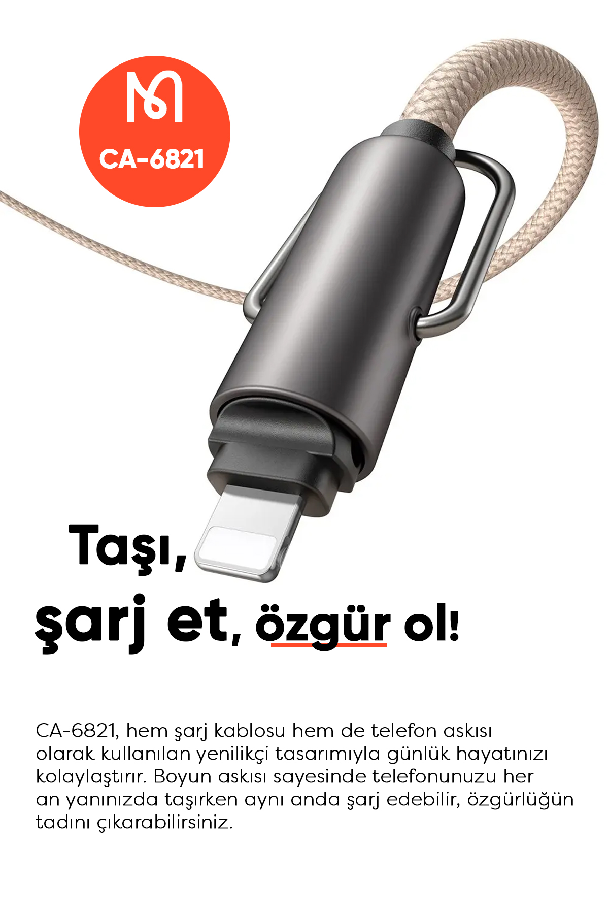 CA-6821 TYPE-C TO LİGHTNİNG ÇOK İŞLEVLİ BOYUN ASKISI 1.2M  HAKİ Afişi