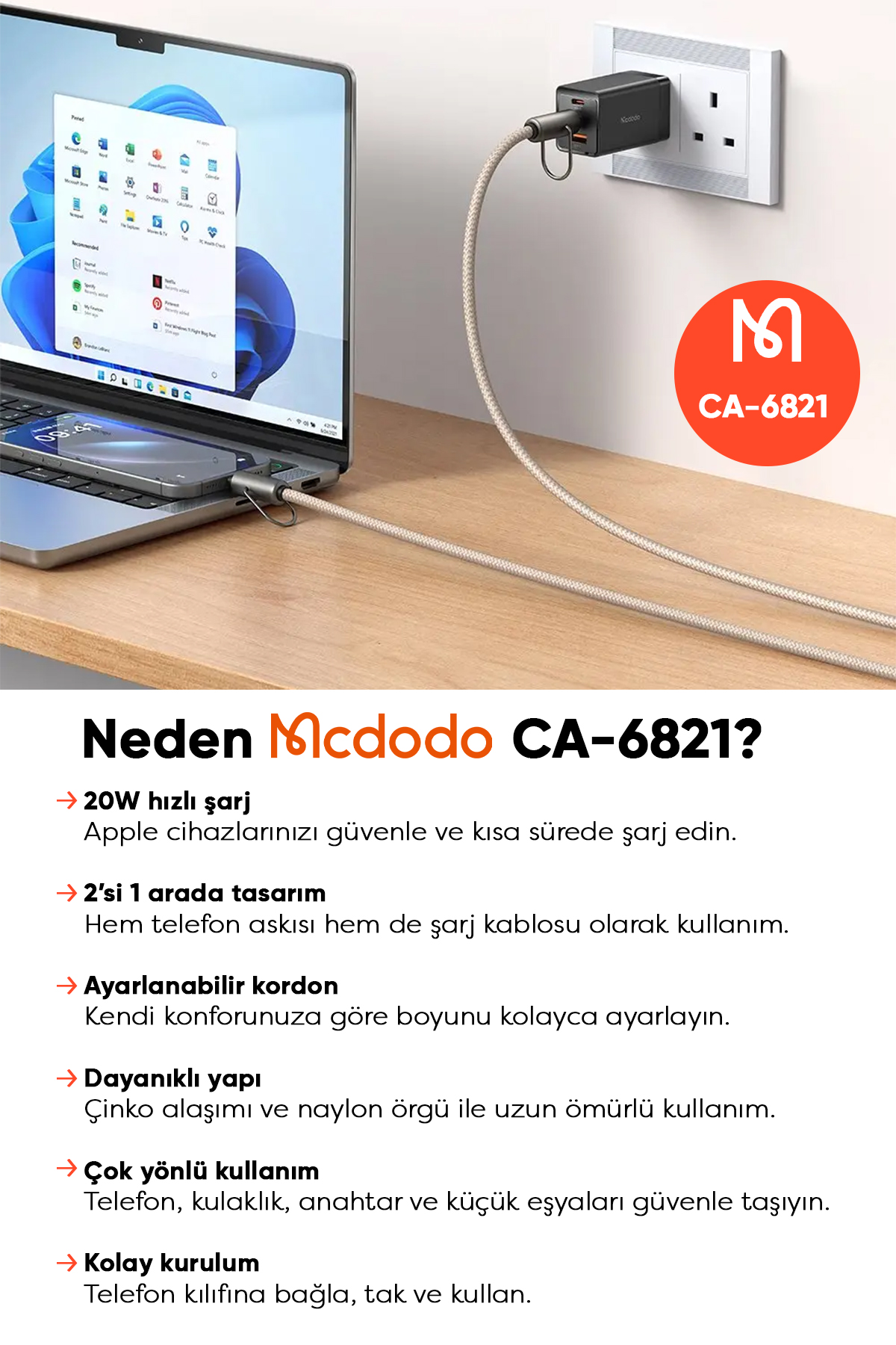 CA-6821 TYPE-C TO LİGHTNİNG ÇOK İŞLEVLİ BOYUN ASKISI 1.2M  HAKİ Afişi