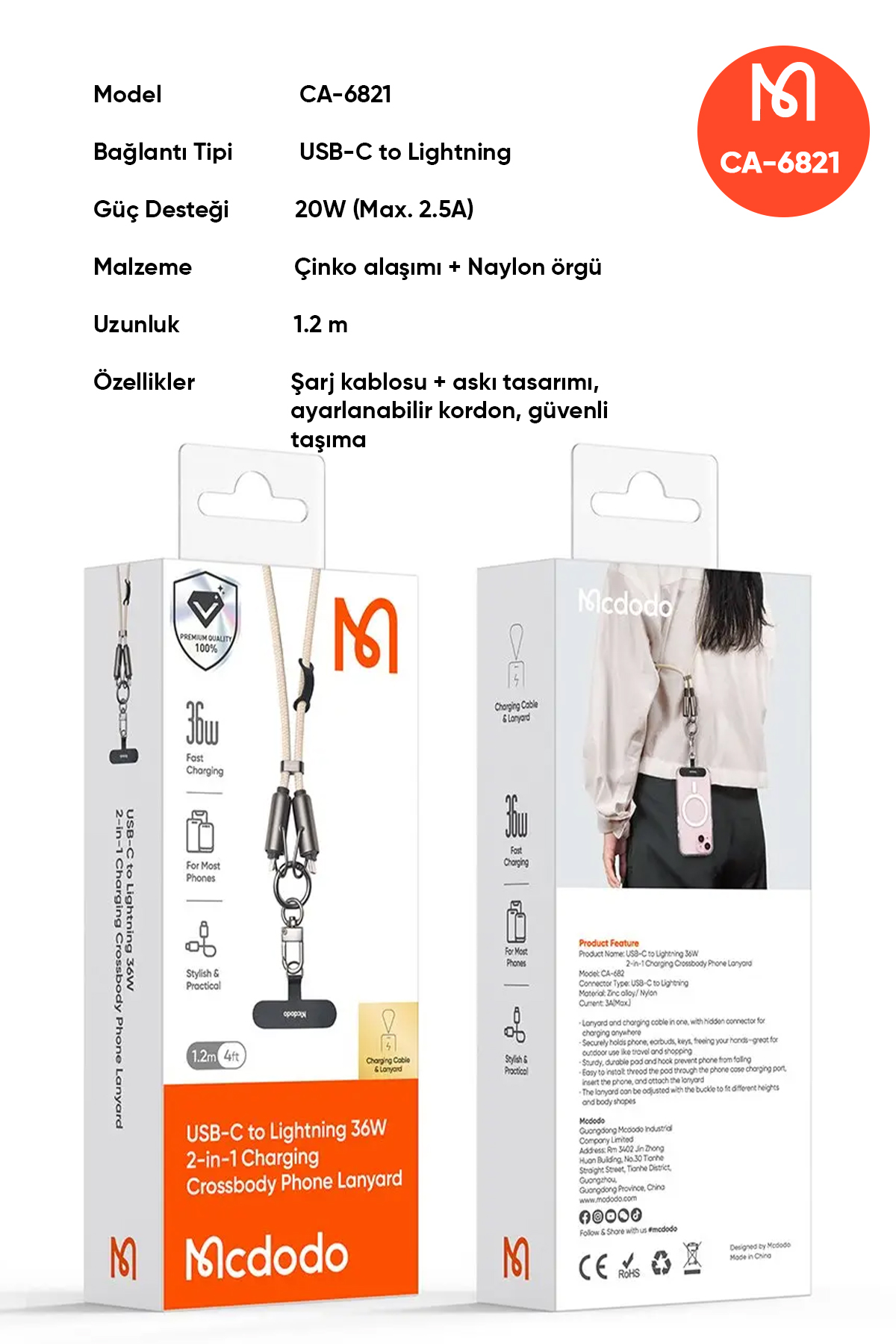 CA-6821 TYPE-C TO LİGHTNİNG ÇOK İŞLEVLİ BOYUN ASKISI 1.2M  HAKİ Afişi