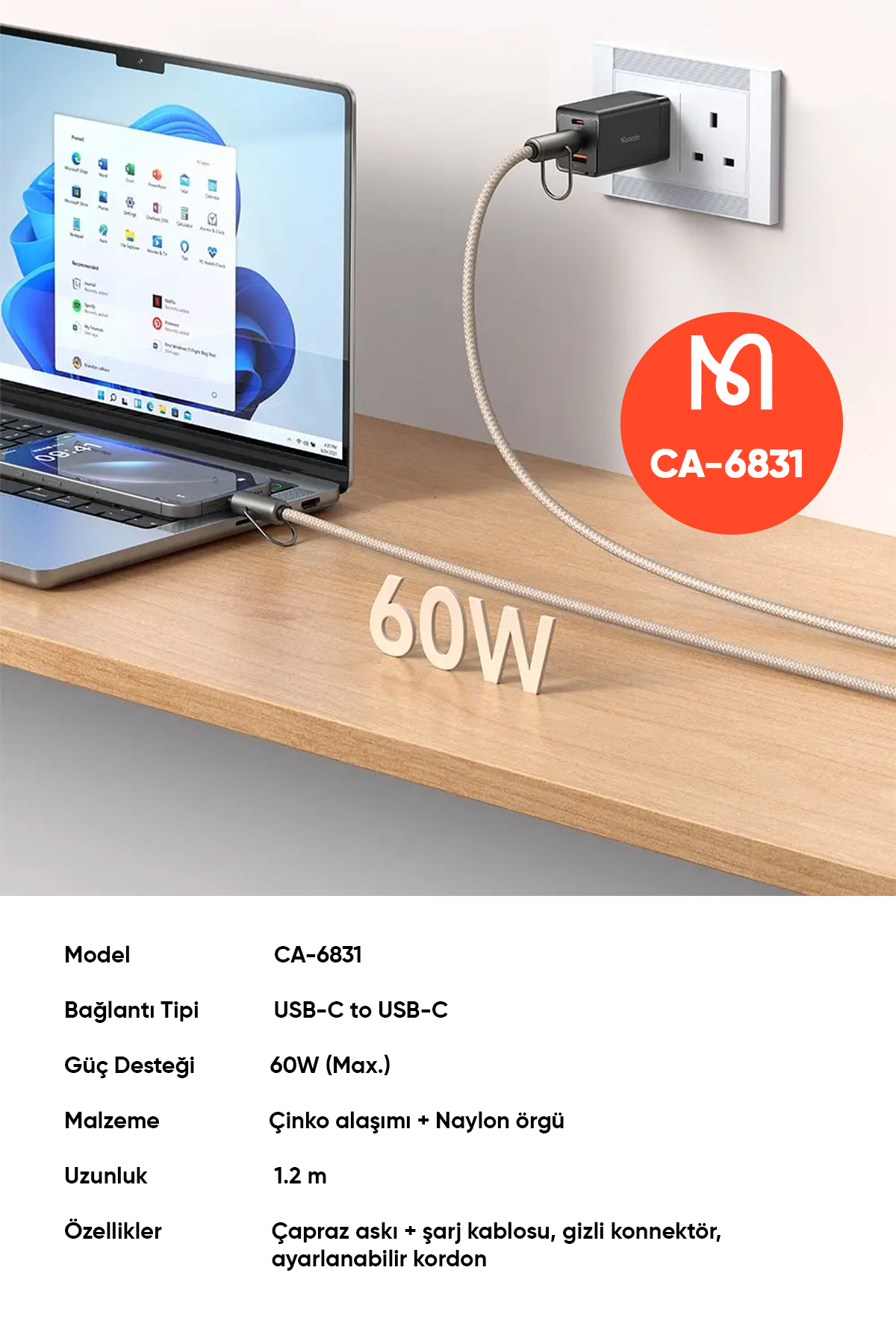 CA-6831 ÇOK İŞLEVLİ ÇAPRAZ BOYUN ASKISI KABLOSU 1.2 M 60 W TYPE-C TO TYPE-C HAKİ Afişi