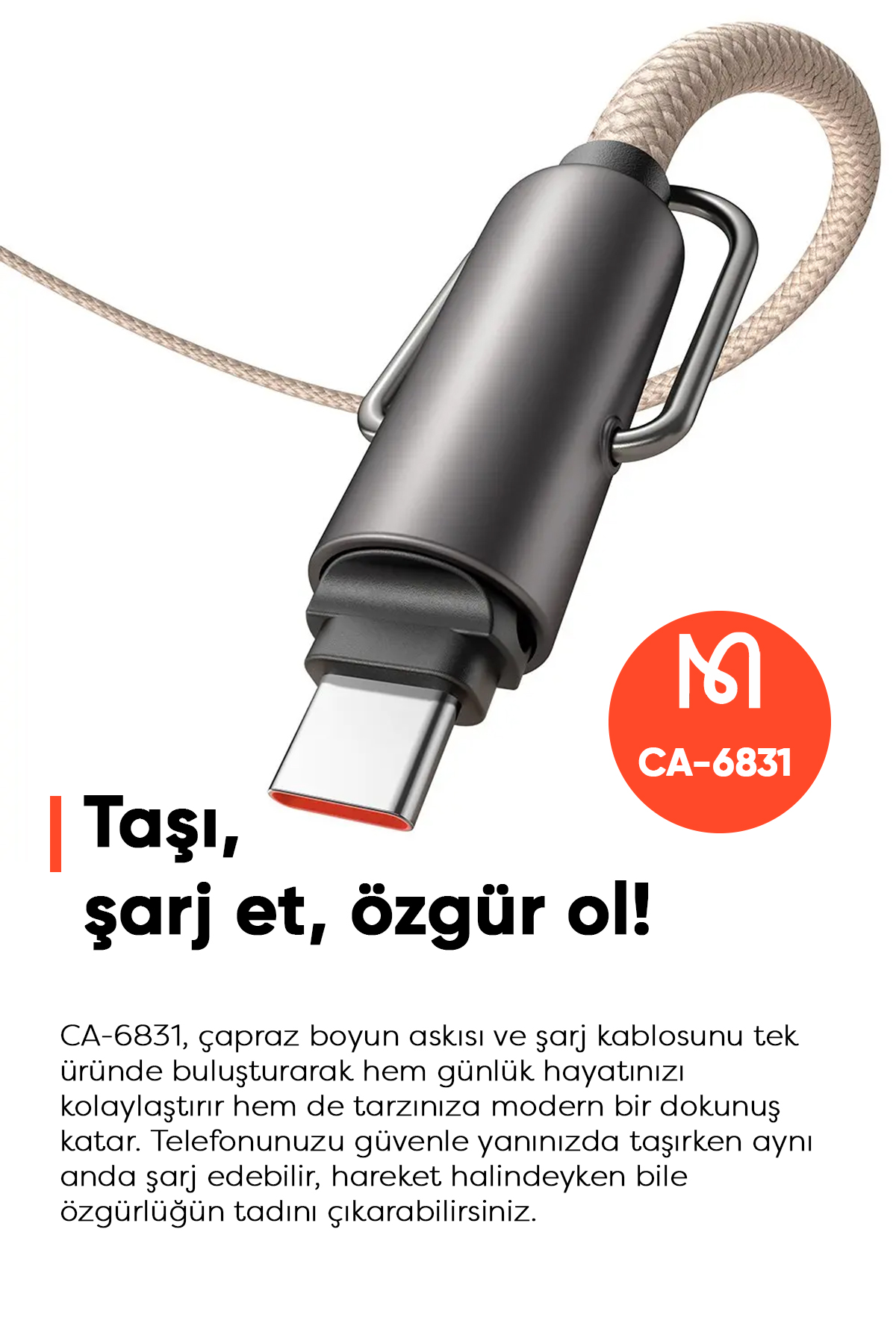 CA-6831 ÇOK İŞLEVLİ ÇAPRAZ BOYUN ASKISI KABLOSU 1.2 M 60 W TYPE-C TO TYPE-C HAKİ Afişi