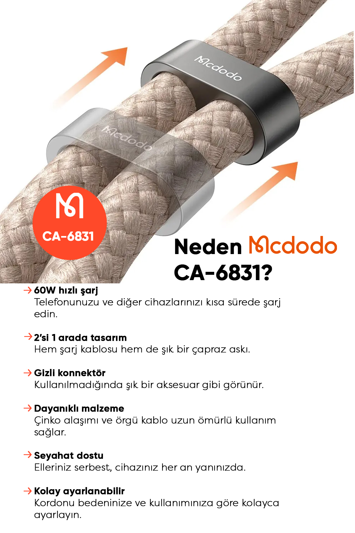 CA-6831 ÇOK İŞLEVLİ ÇAPRAZ BOYUN ASKISI KABLOSU 1.2 M 60 W TYPE-C TO TYPE-C HAKİ Afişi