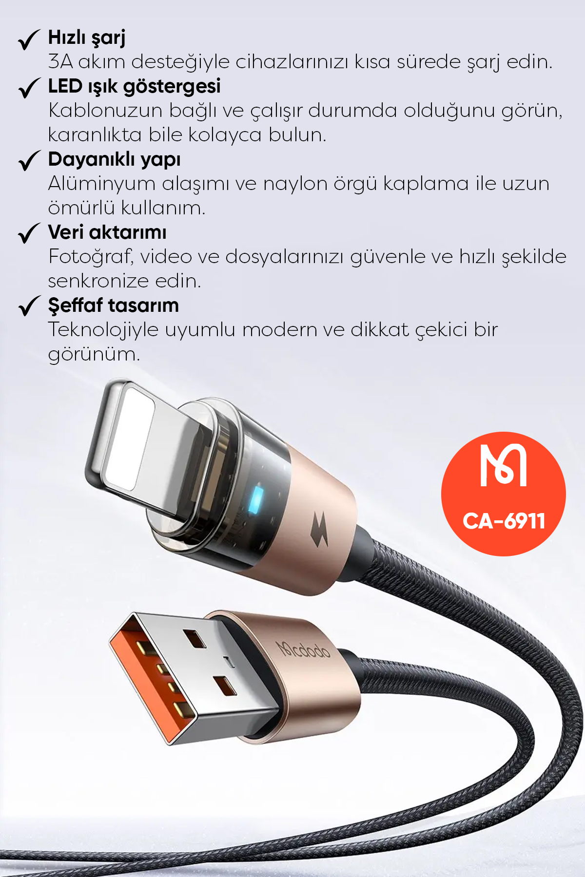 CA-6911 USB A TO LİGHTNİNG ŞEFFAF KABLO 1.2 M Afişi