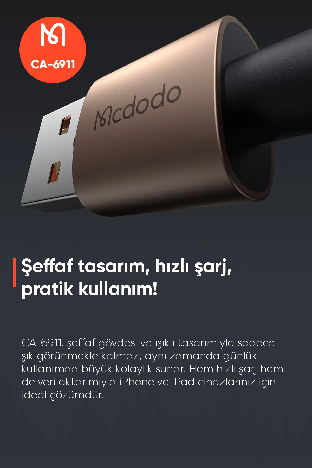 CA-6911 USB A TO LİGHTNİNG ŞEFFAF KABLO 1.2 M Afişi