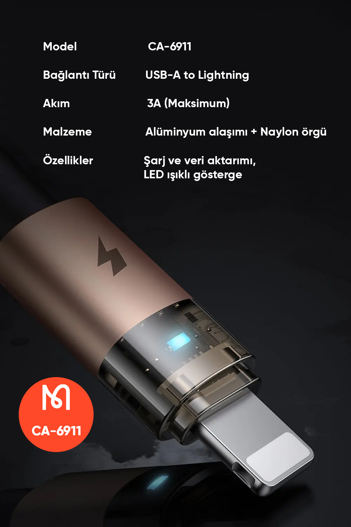CA-6911 USB A TO LİGHTNİNG ŞEFFAF KABLO 1.2 M Afişi