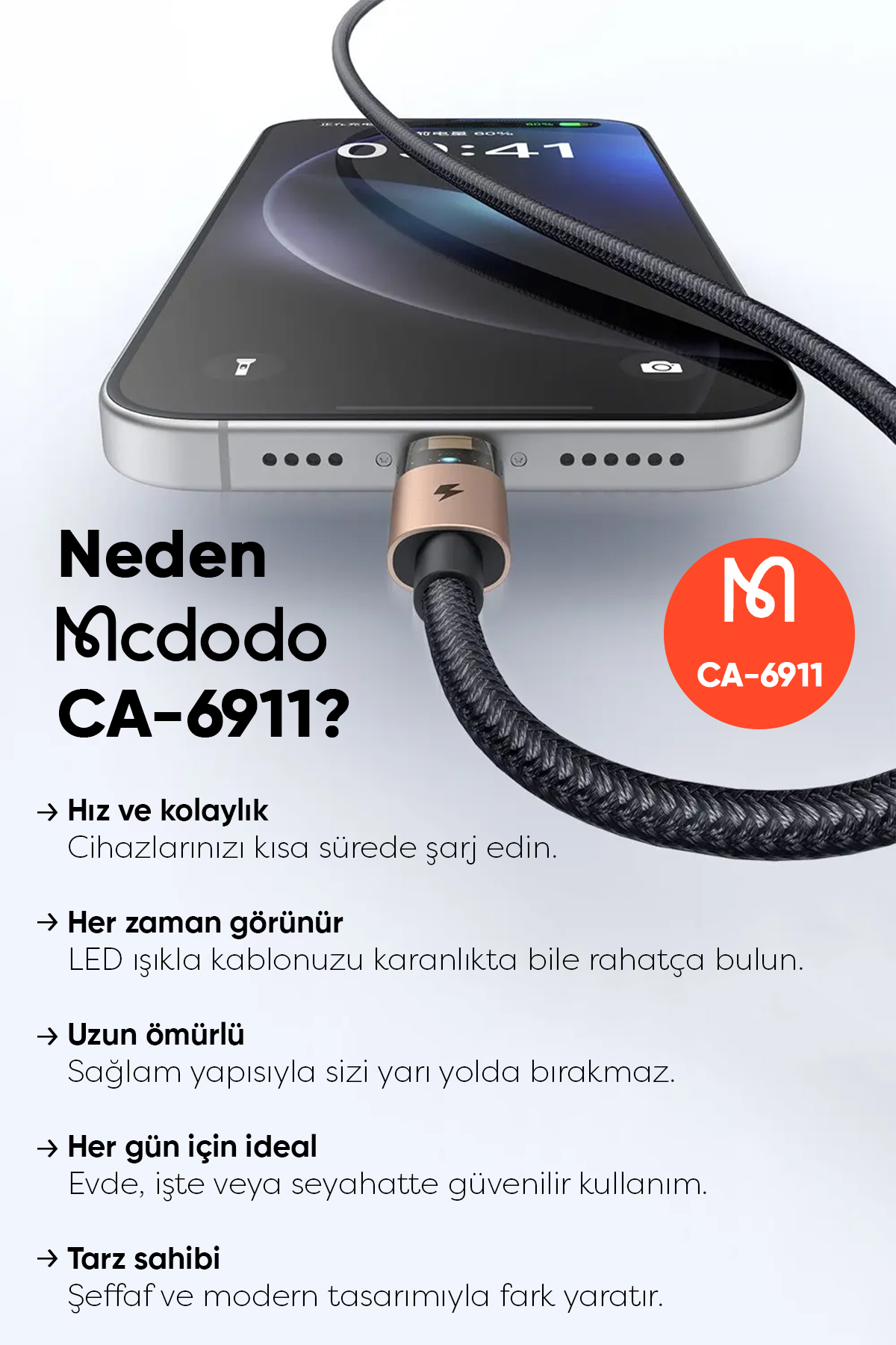 CA-6911 USB A TO LİGHTNİNG ŞEFFAF KABLO 1.2 M Afişi