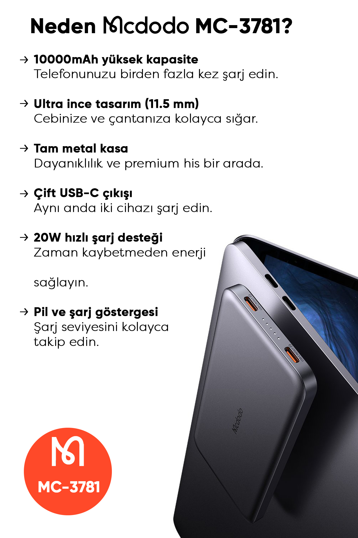 MC-3781 20W 10.000mAh  Metal Ultra İnce powerbank- Siyah Afişi