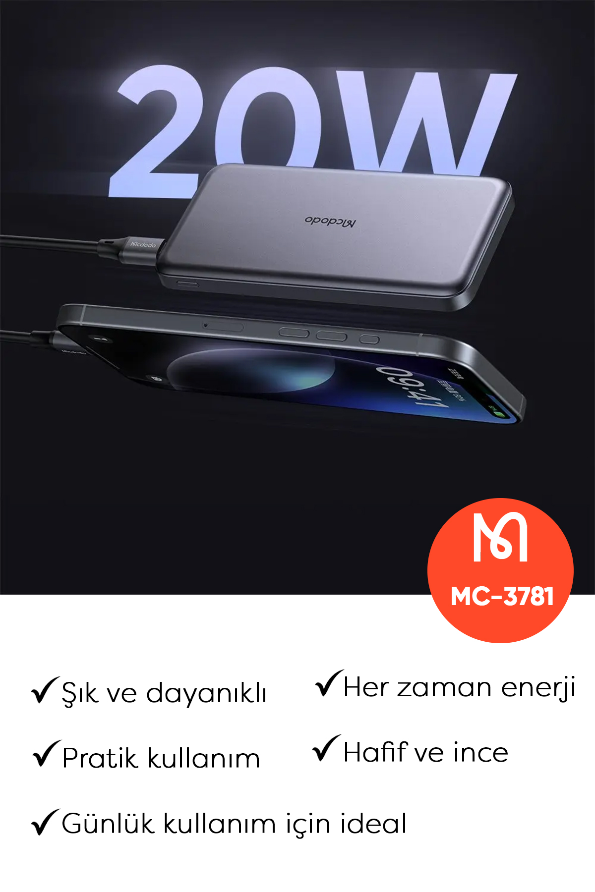MC-3781 20W 10.000mAh  Metal Ultra İnce powerbank- Siyah Afişi