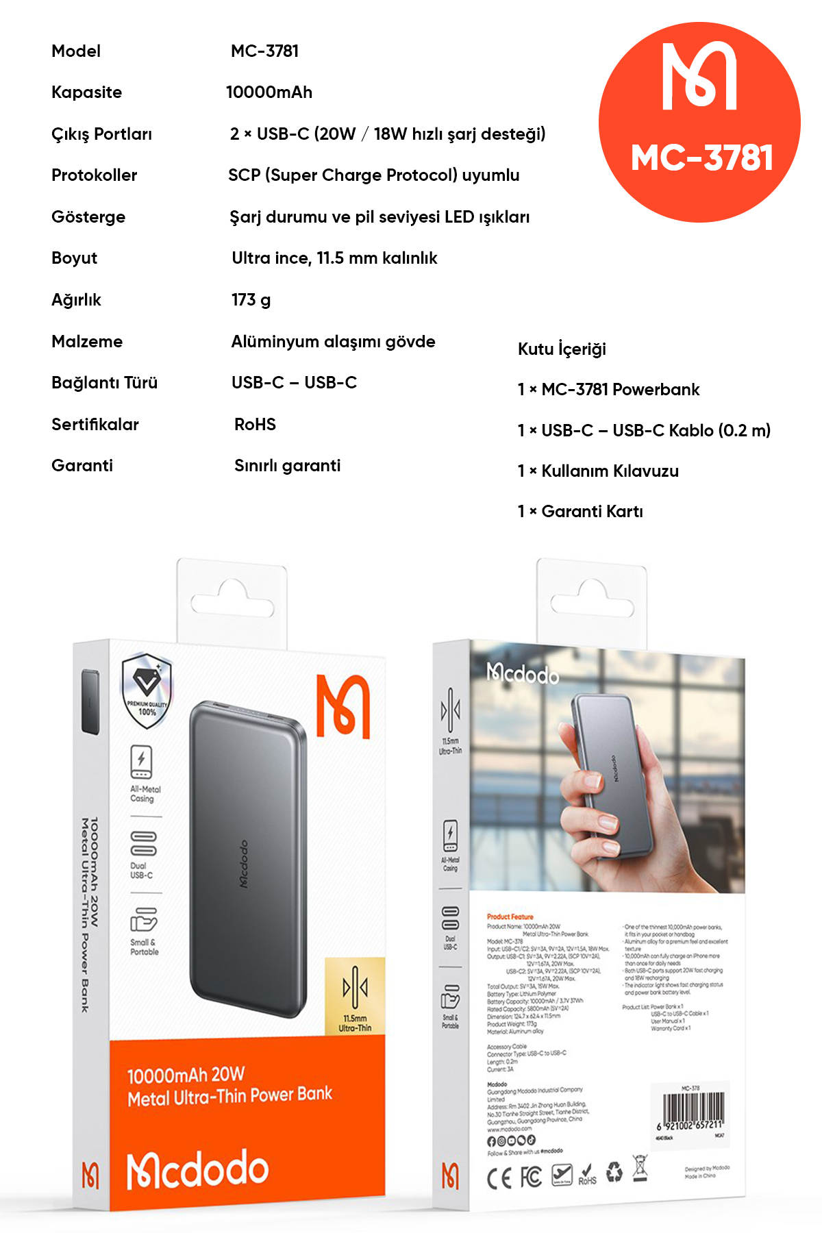 MC-3781 20W 10.000mAh  Metal Ultra İnce powerbank- Siyah Afişi