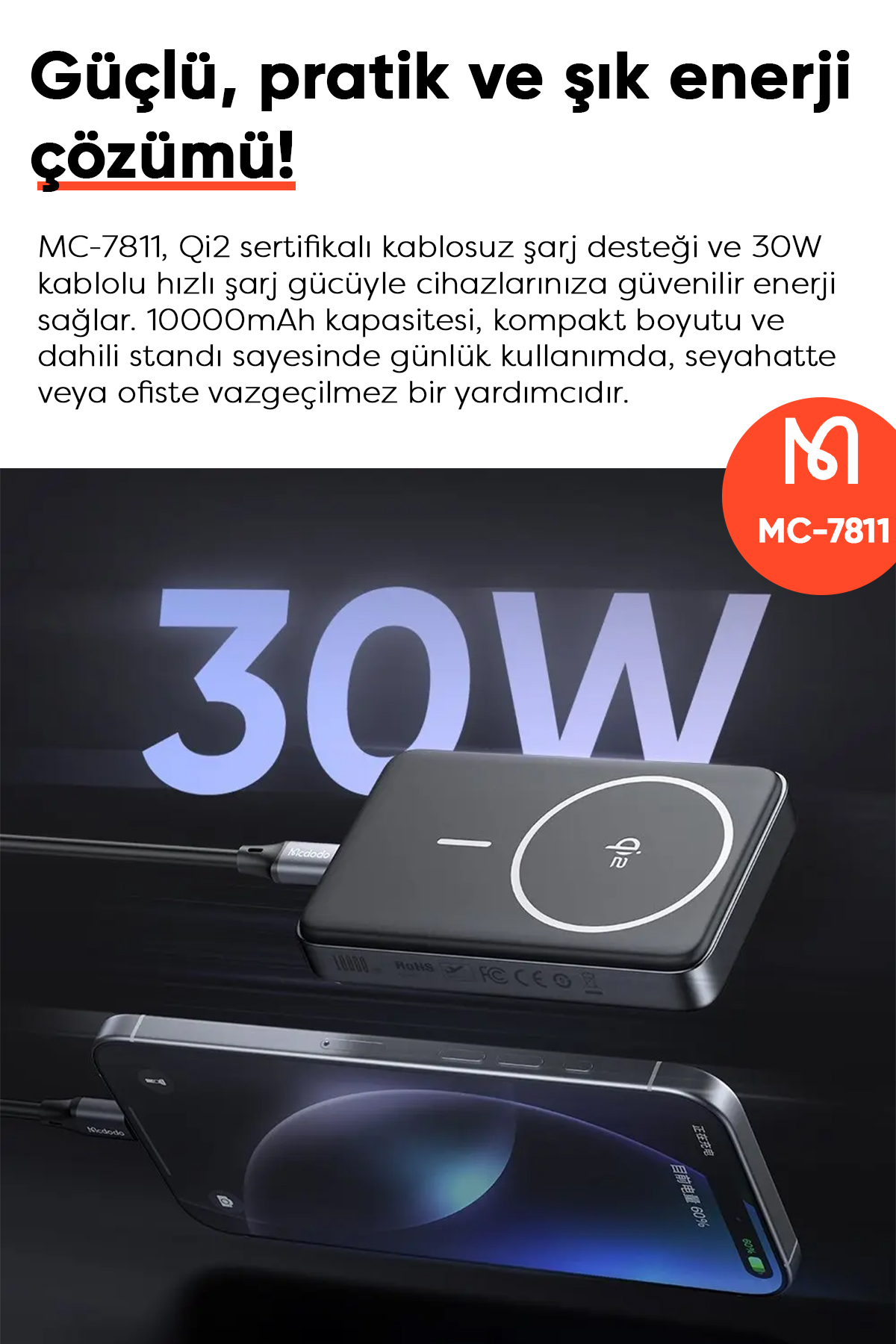 MC-7811 10000mAh 30W Qi2 MANYETİK STANTLI POWERBANK SİYAH Afişi