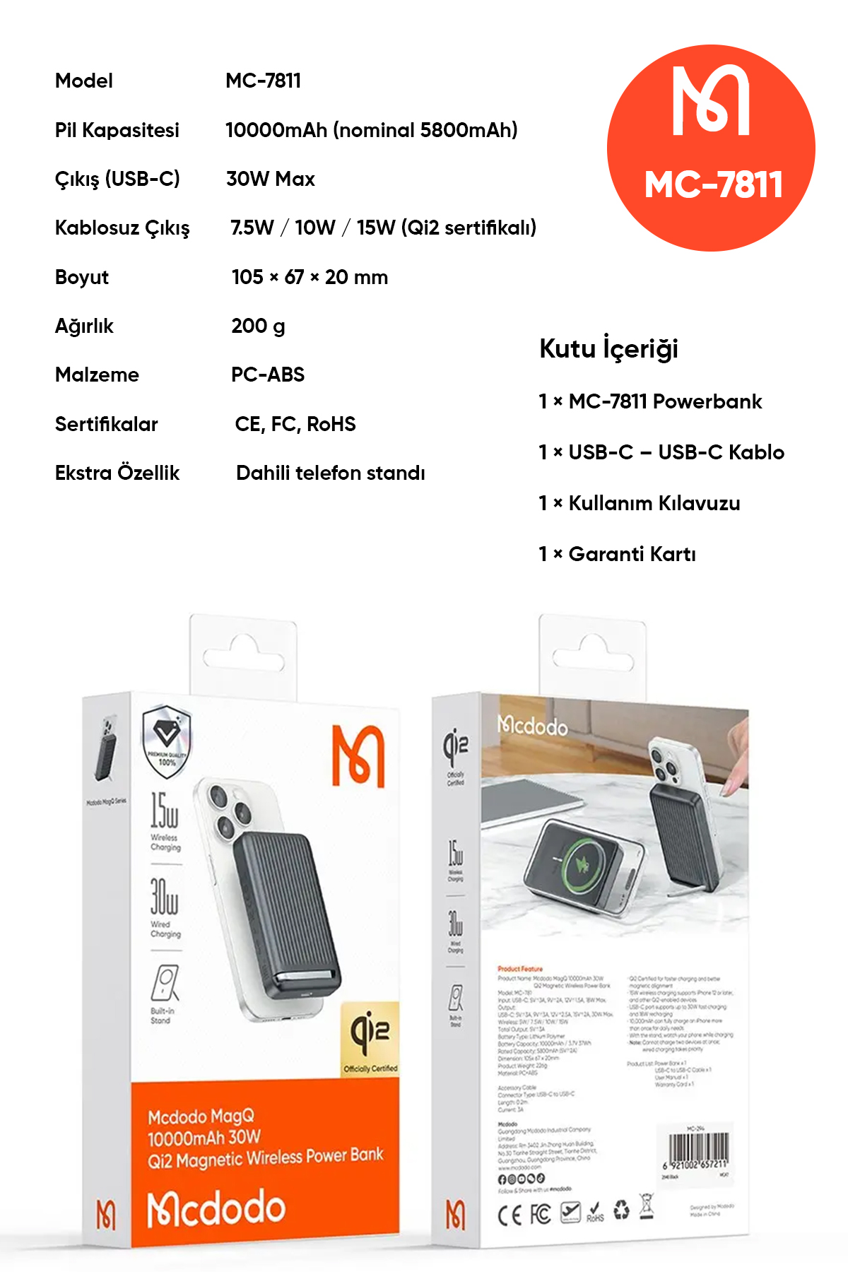 MC-7811 10000mAh 30W Qi2 MANYETİK STANTLI POWERBANK SİYAH Afişi