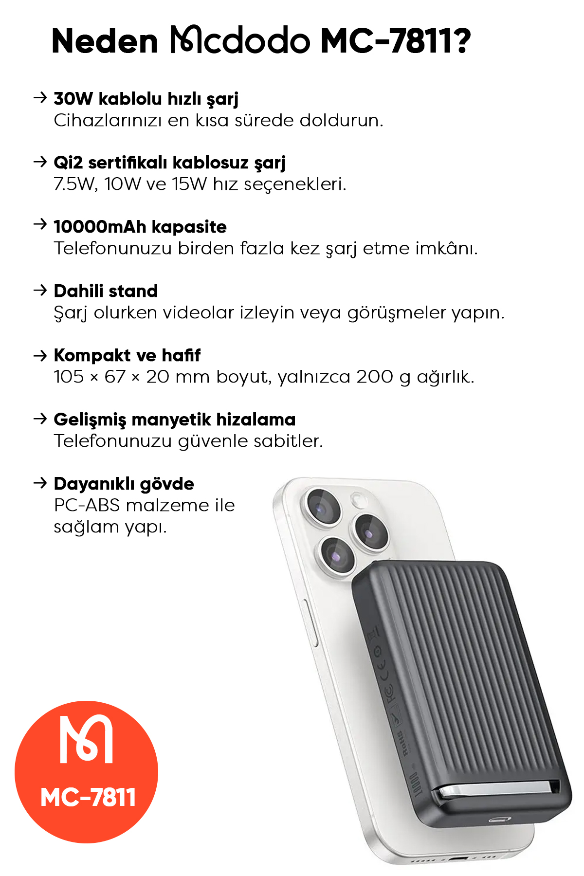 MC-7811 10000mAh 30W Qi2 MANYETİK STANTLI POWERBANK SİYAH Afişi