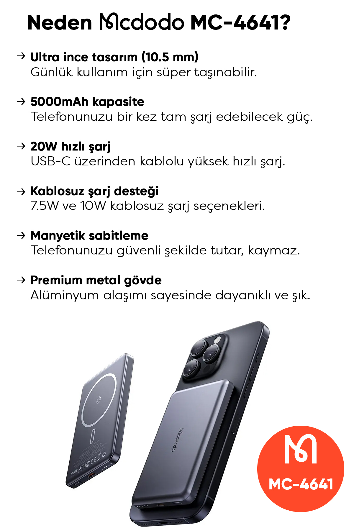 MC-4641 20W 5000mAh Metal Ultra İnce Manyetik Kablosuz Power Bank Siyah Afişi