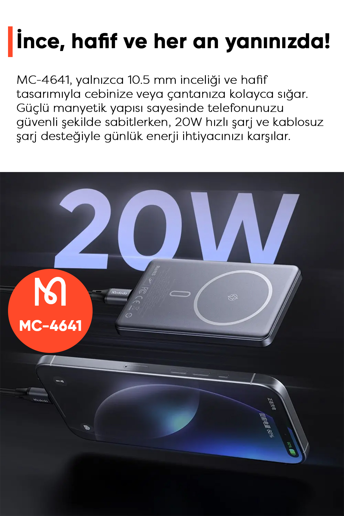 MC-4641 20W 5000mAh Metal Ultra İnce Manyetik Kablosuz Power Bank Siyah Afişi