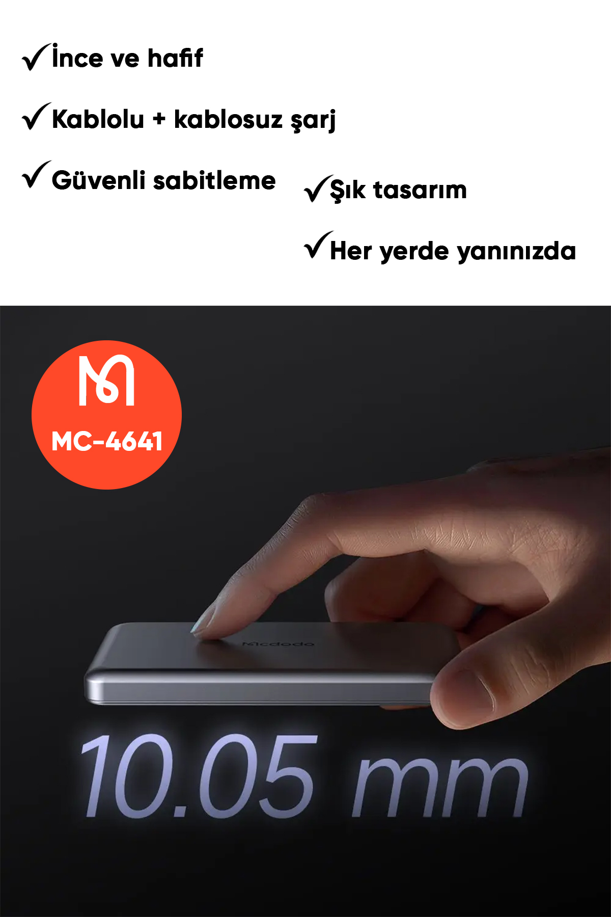 MC-4641 20W 5000mAh Metal Ultra İnce Manyetik Kablosuz Power Bank Siyah Afişi