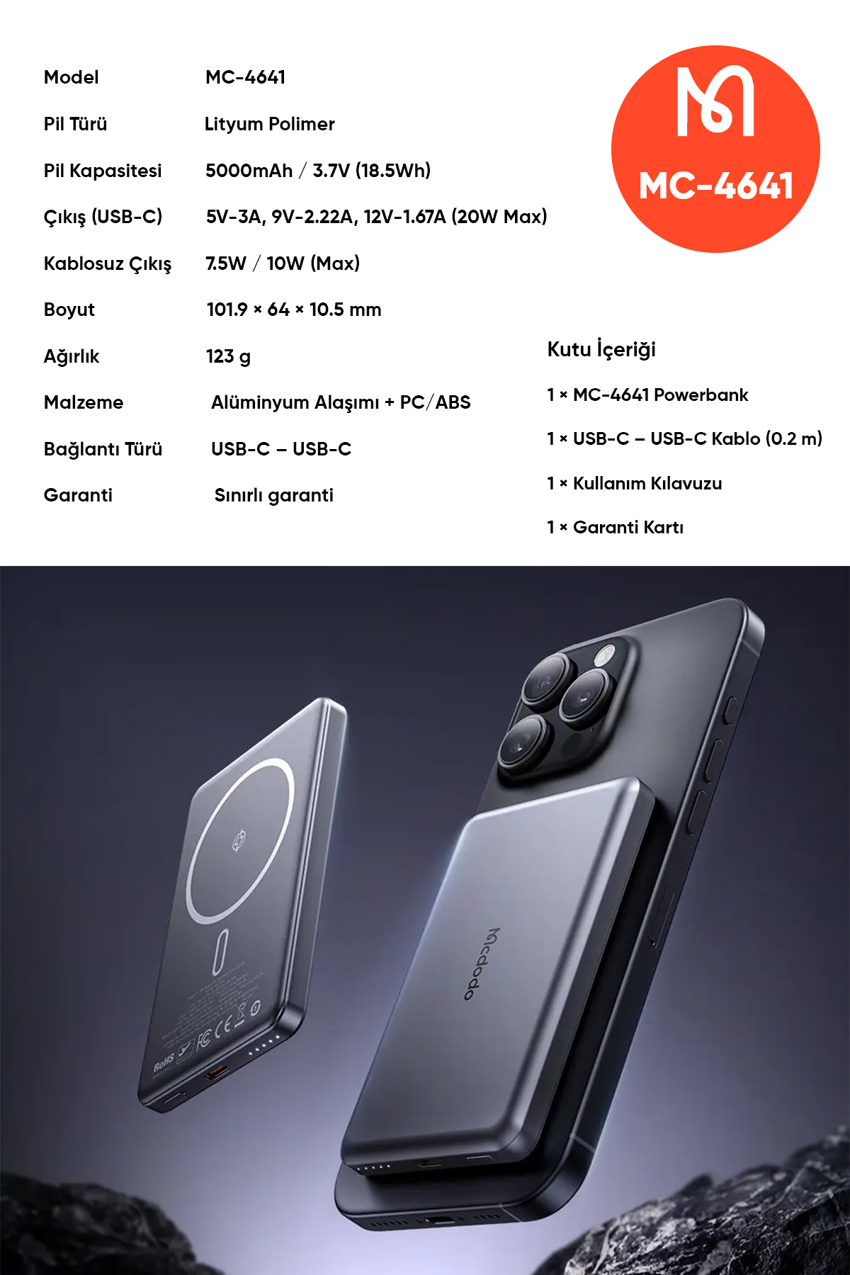 MC-4641 20W 5000mAh Metal Ultra İnce Manyetik Kablosuz Power Bank Siyah Afişi