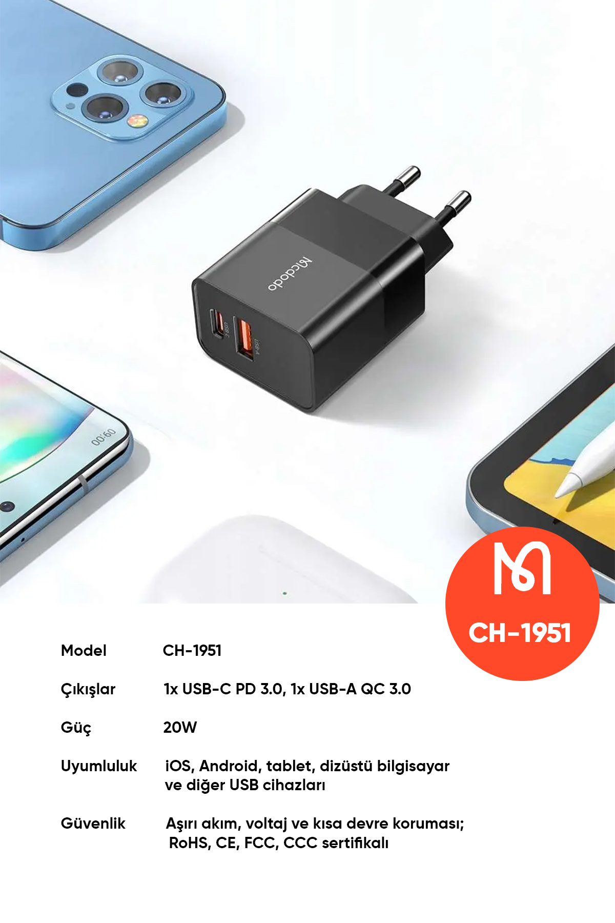 CH-1951 20W 1xTYPE-C 1xUSB Girişli Hızlı Şarj Aleti Afişi
